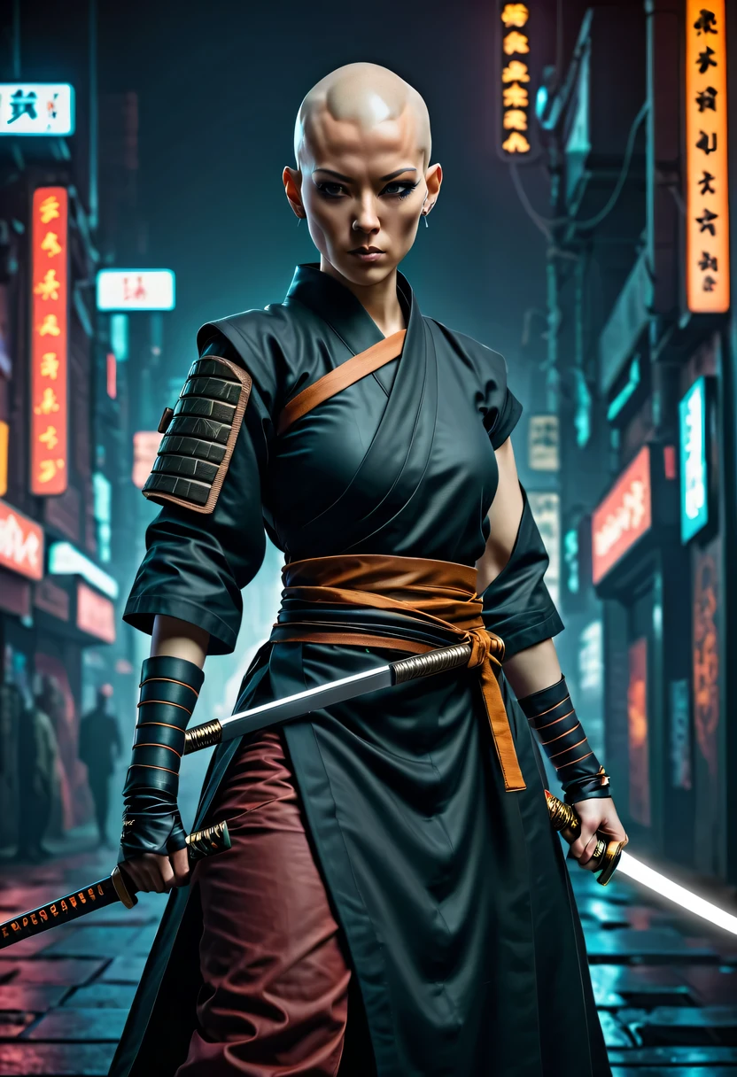 Samurai sword，sh4g0d style cyberpunk female warrior，(bald，monk:1.2),bushido,robe