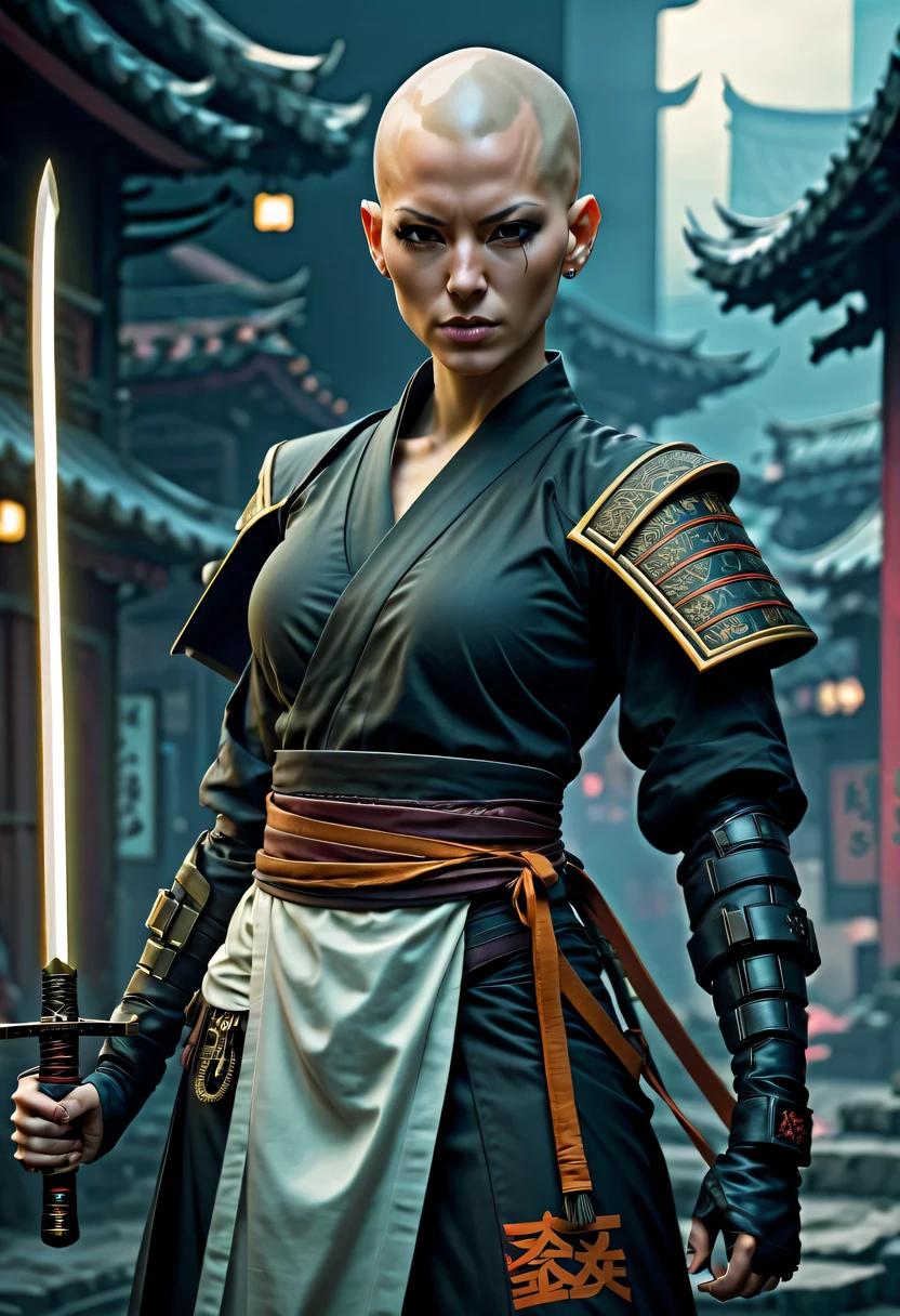 Samurai sword，sh4g0d style cyberpunk female warrior，(bald，monk:1.2),bushido,robe