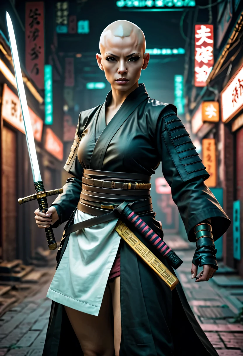 Samurai sword,sh4g0d style cyberpunk female warrior,(bald,monk:1.2),bushido,robe