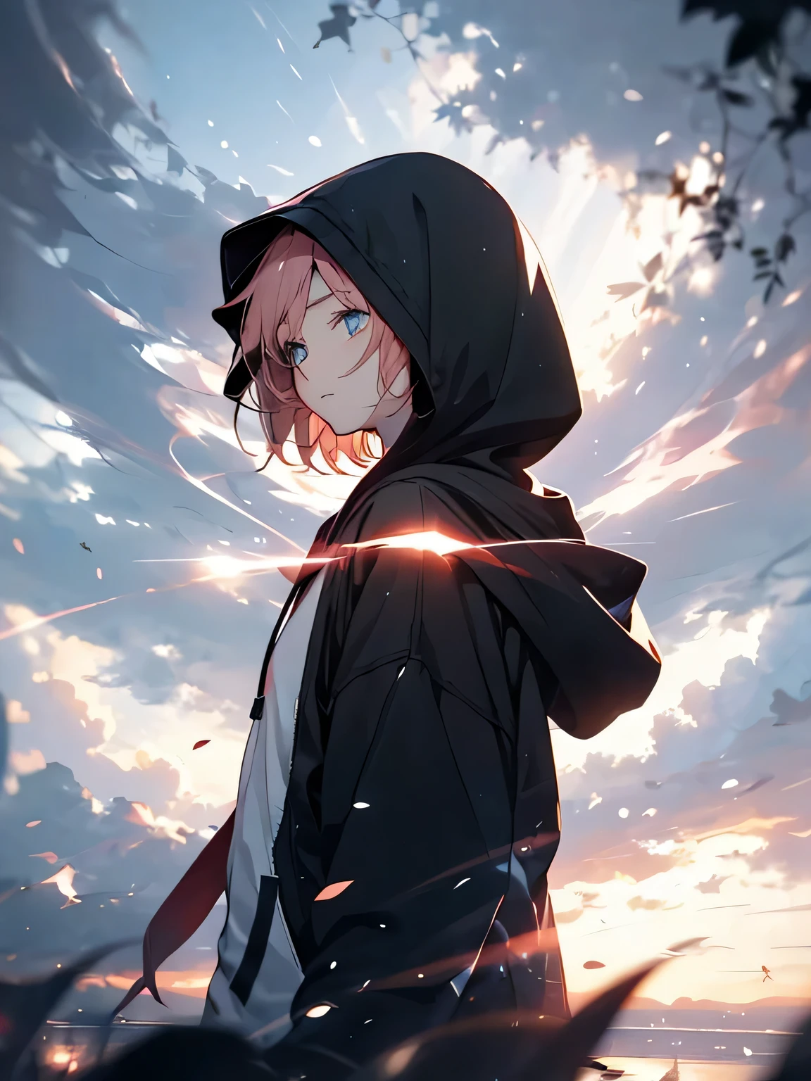 1 boy, clod background, wearing white oversize hoodie, cloud man, no face (black), high resolution, 4k, 8k, UHD, aura, dark cloud aura, standing in middle of clouds, facing away