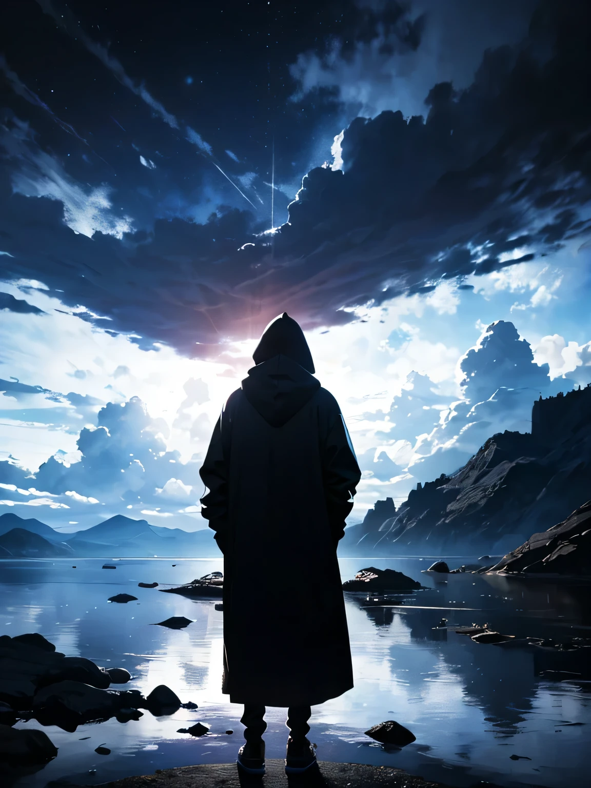 1 boy, clod background, wearing white oversize hoodie, cloud man, no face (black), high resolution, 4k, 8k, UHD, aura, dark cloud aura, standing in middle of clouds, facing away