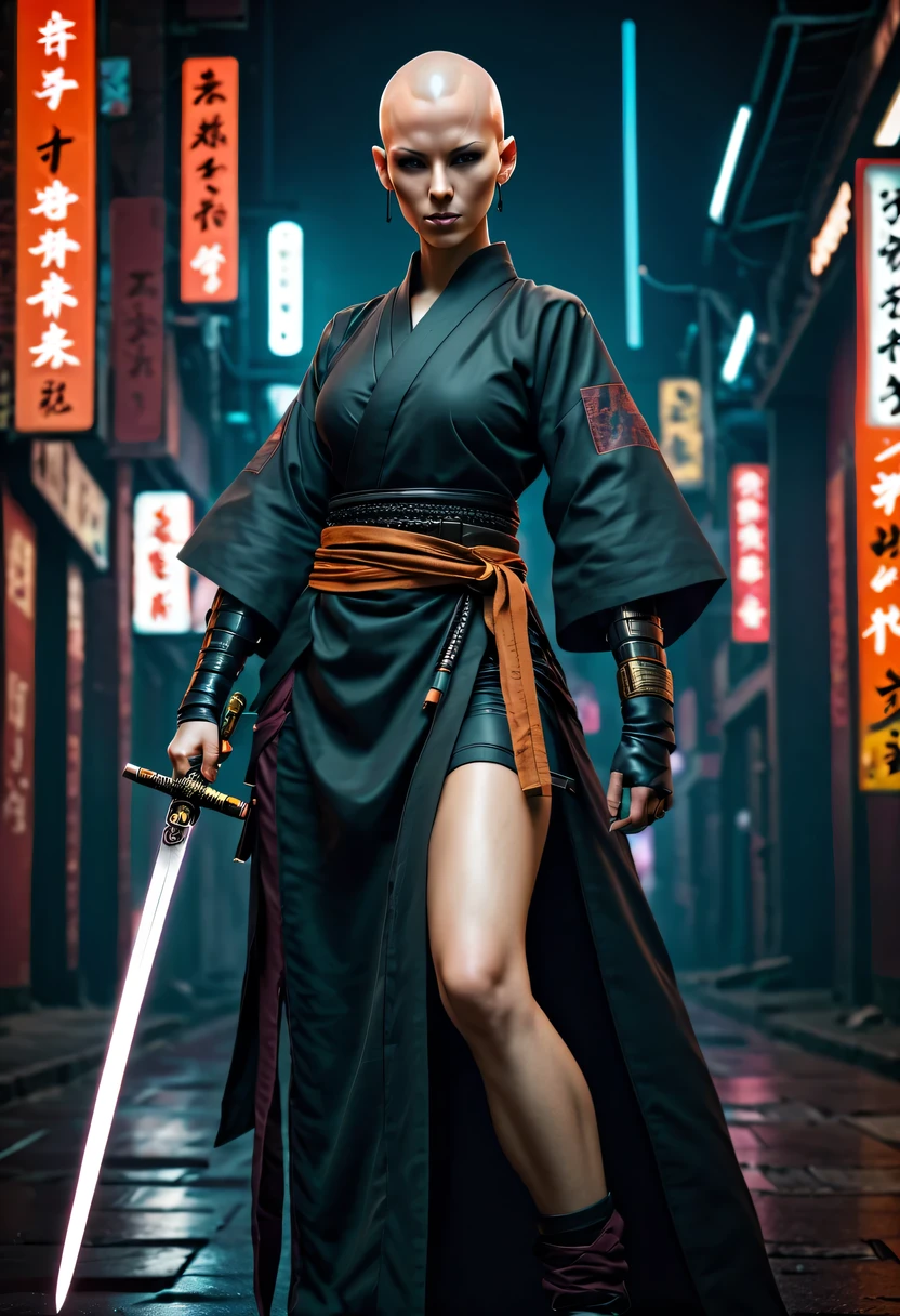 Samurai sword，sh4g0d style cyberpunk female warrior，(bald，monk:1.2),bushido,robe
