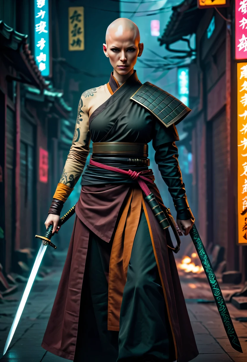 Samurai sword,sh4g0d style cyberpunk female warrior,(bald,monk:1.2),bushido,robe