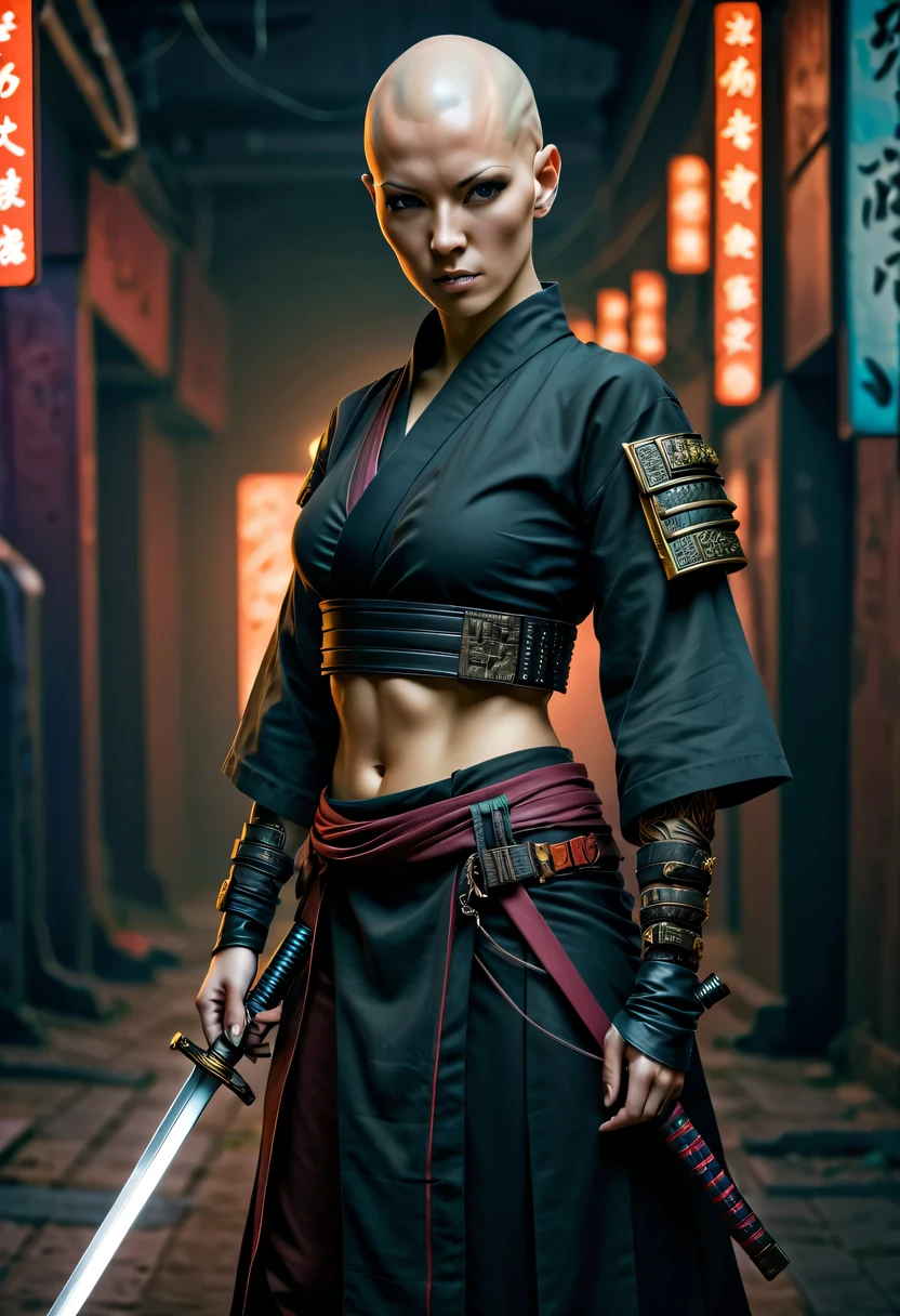 Samurai sword,sh4g0d style cyberpunk female warrior,(bald,monk:1.2),bushido,robe