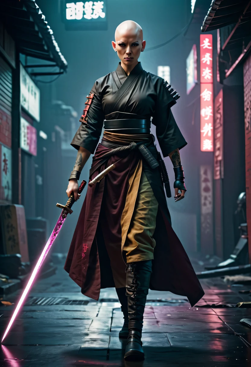 Samurai sword，sh4g0d style cyberpunk female warrior，(bald，monk:1.2),bushido,robe
