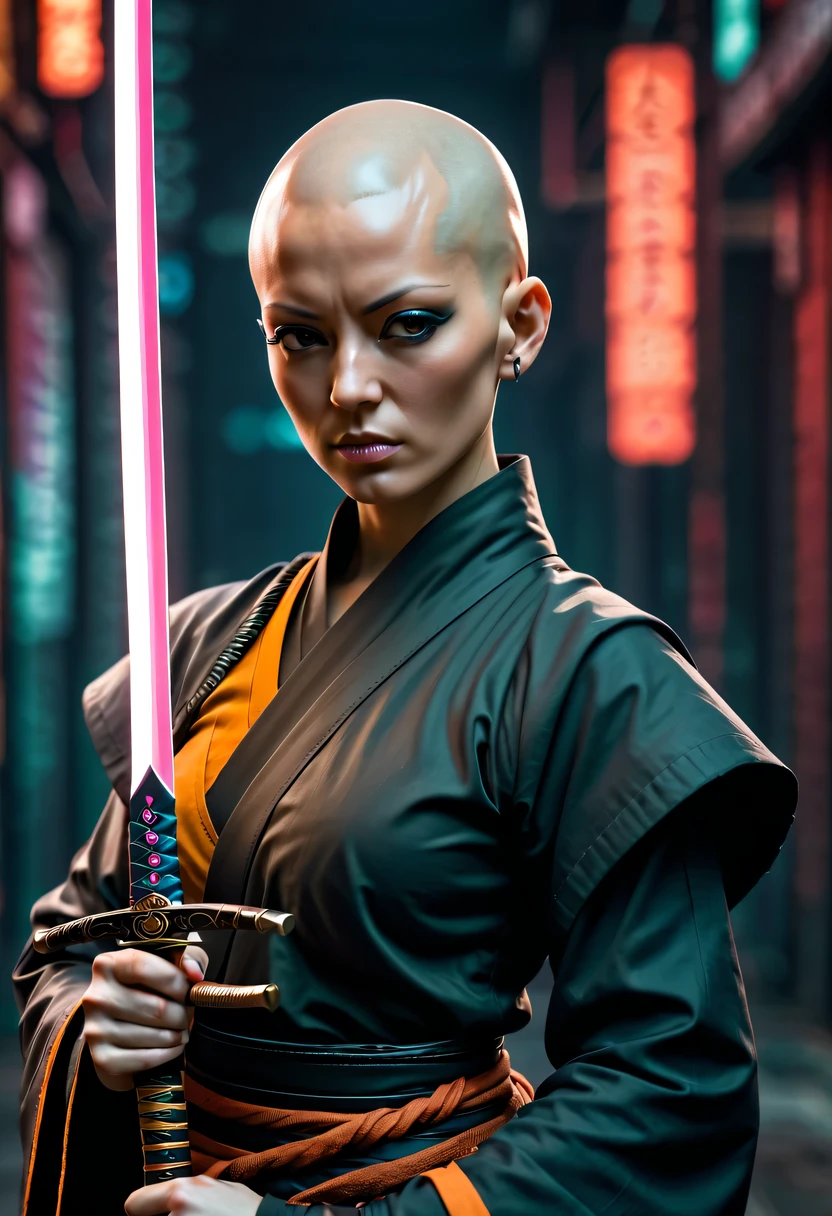 Samurai sword，sh4g0d style cyberpunk female warrior，(bald，monk:1.2),bushido,robe