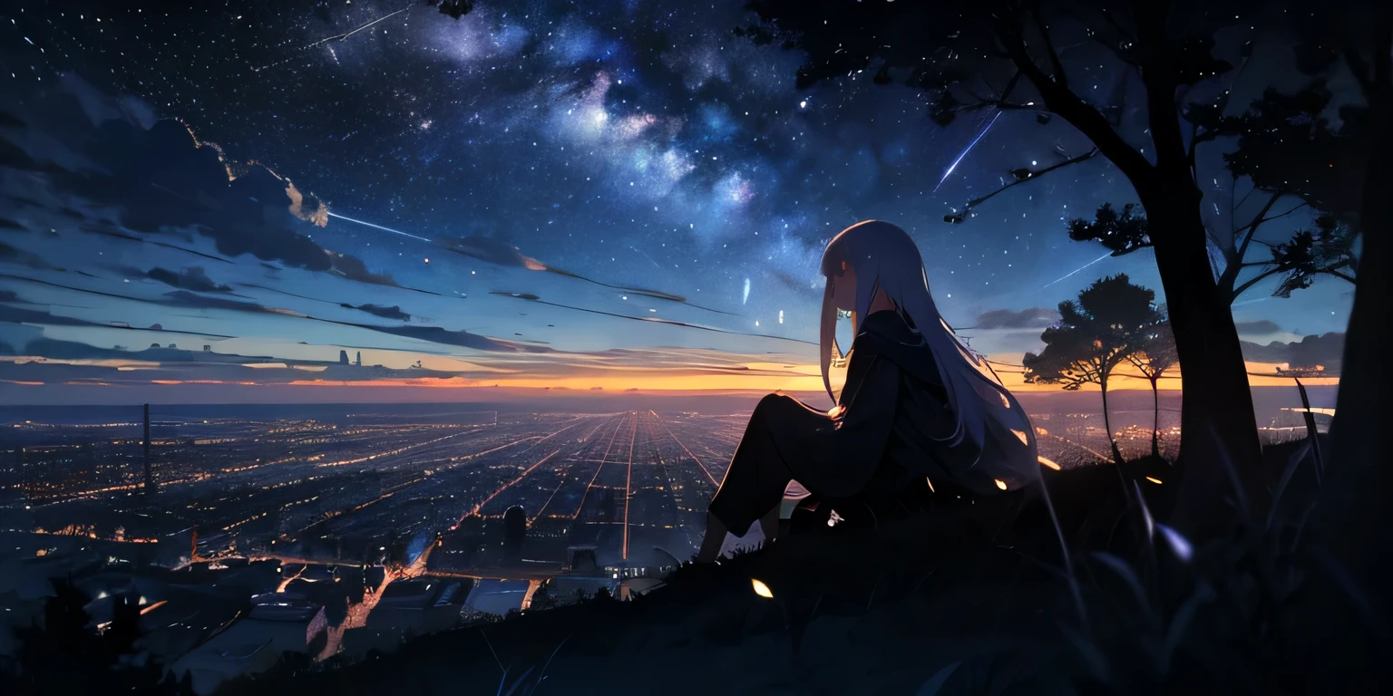 sky, star (sky), scenery, starry sky, night, 1girl, night sky, solo, outdoors, building, cloud, milky way, sitting, tree, long white hair, city, silhouette, cityscape