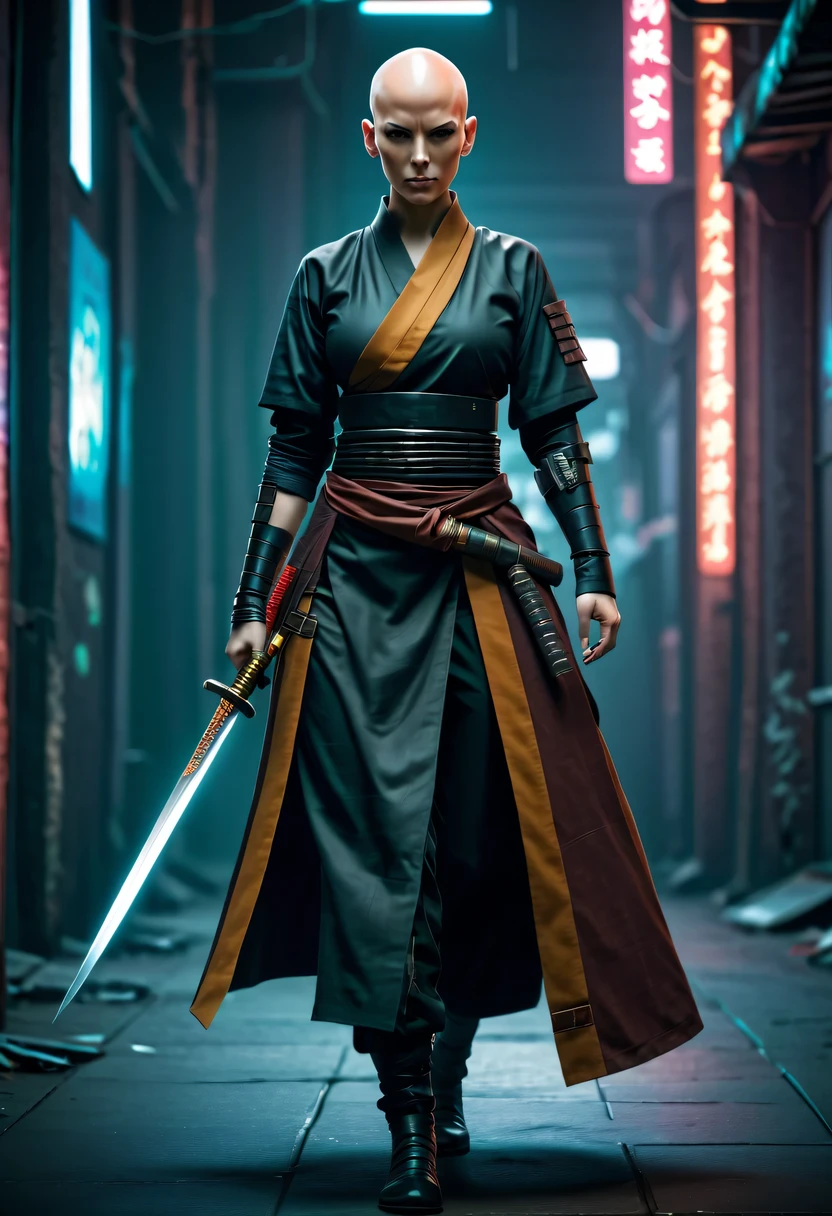 Samurai sword，sh4g0d style cyberpunk female warrior，(bald，monk:1.2),bushido,robe