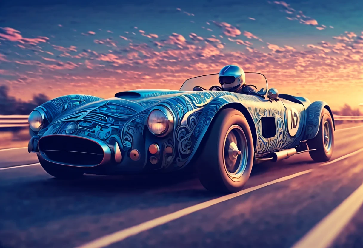 (best quality, highres), Marija,stunning and magical woman driving a mgical old racing car, magical sunset, vaporwave old school racing car, on the road, speed,  in blue tones, zentangle, 3d crunch, cinematic,