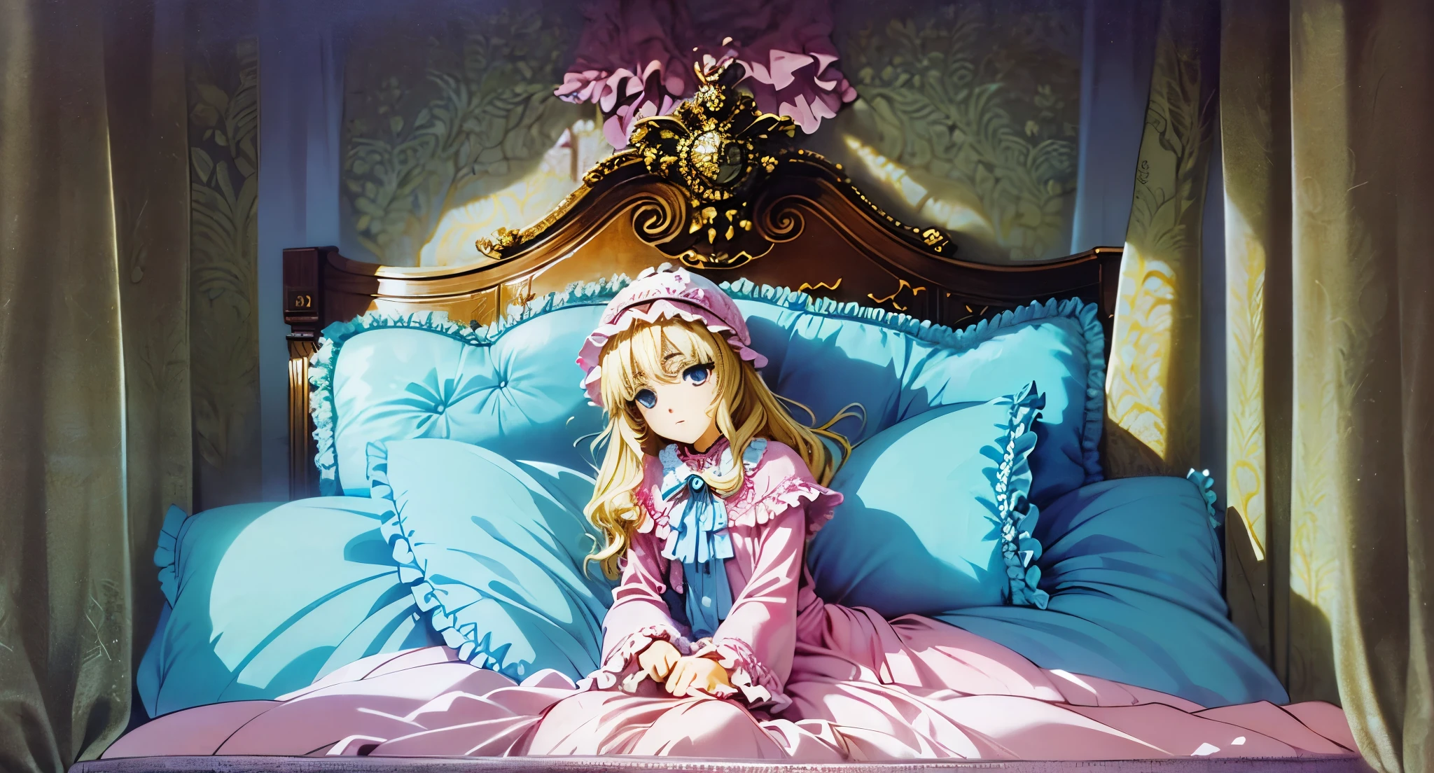 ,highest quality, masterpiece, highest resolution, artwork, super それにget used to it, many get used to it, get used to it, それにget used to it, 3K anime illustration,(( 10 year old girl)),Super detailed baby face,high quality small face,long blonde hair that grows to the waist,blue eyes,白い肌のeuropean,pajamas, european,(((super long blonde hair))),curly hair,blue eyes,((((ピンクのロリータファッションのlong skirtのワンピースドレス)))),((Pink dress with plenty of frills and ribbons)),((Luxurious headdress with frills and ribbons)),Detailed headdress,,(((big yoke collar))),Yoke collar with ruffles and ribbons,((((long sleeve)))),ruffle sleeves,((((long skirt)))),white ruffle and lace socks,large frill and ribbon pillow,(((fine pink costume))),豪華なcanopy bedの上,canopy bed,The bed is surrounded by luxurious curtains,many frilly pillows on the bed,A lot of frilly pillows behind the girl,super detailed background,detailed bed,soft pink comforter,Super detailed soft ruffle pillow,Beautiful girl illustration,detailed beautiful face,detailed hair,detailed eye ,detailed eyes,detailed mouth, arm details,fine hands,Detailed pillow,wide bed,Illustration on the bed, ,((((round futon)))),((((A large ruffled futon that covers the entire bed)))),detailed comforter,detailed bedシーツ,Before bedtime,romantic atmosphere,palace bedroom,((((The lower half of the body is hidden under the futon and the puffy skirt...)))) The girl is leaning on a pile of pillows, ,((((round futon)))),((((A large futon with frills that covers the entire bed)))),