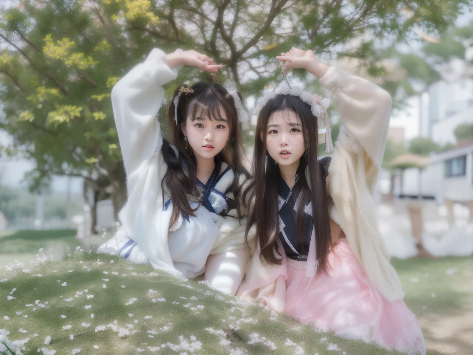 two women posing for photo in front of a tree, ruan jia and fenghua zhong, zmenzheng, Profile picture 1024px, photo拍攝於 2 0 2 0, li zixin, Very very low quality picture, photo, Very very low quality, Ruan Jia and Brom, two girls, xision wu, sisters