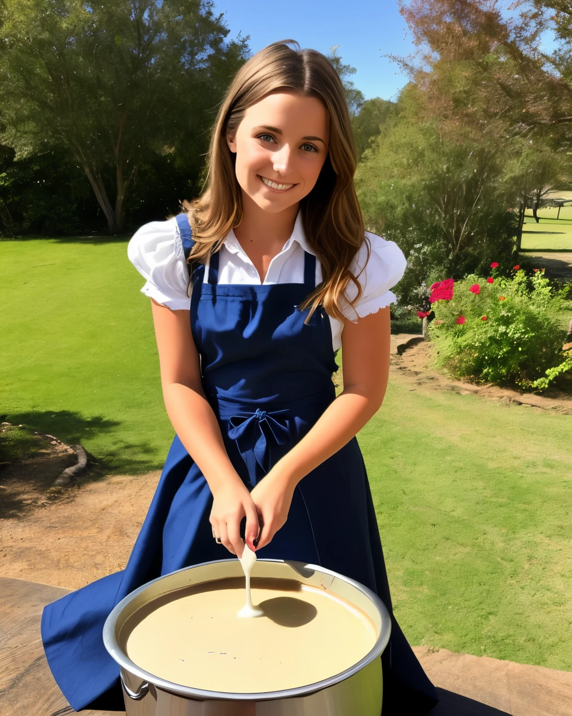 photo,  mixing a (small pot of  gravy), in the well-equippe rustic fantasy kitchen, A beautiful young (aussie welsh:1.0) wife wearing traditional costume