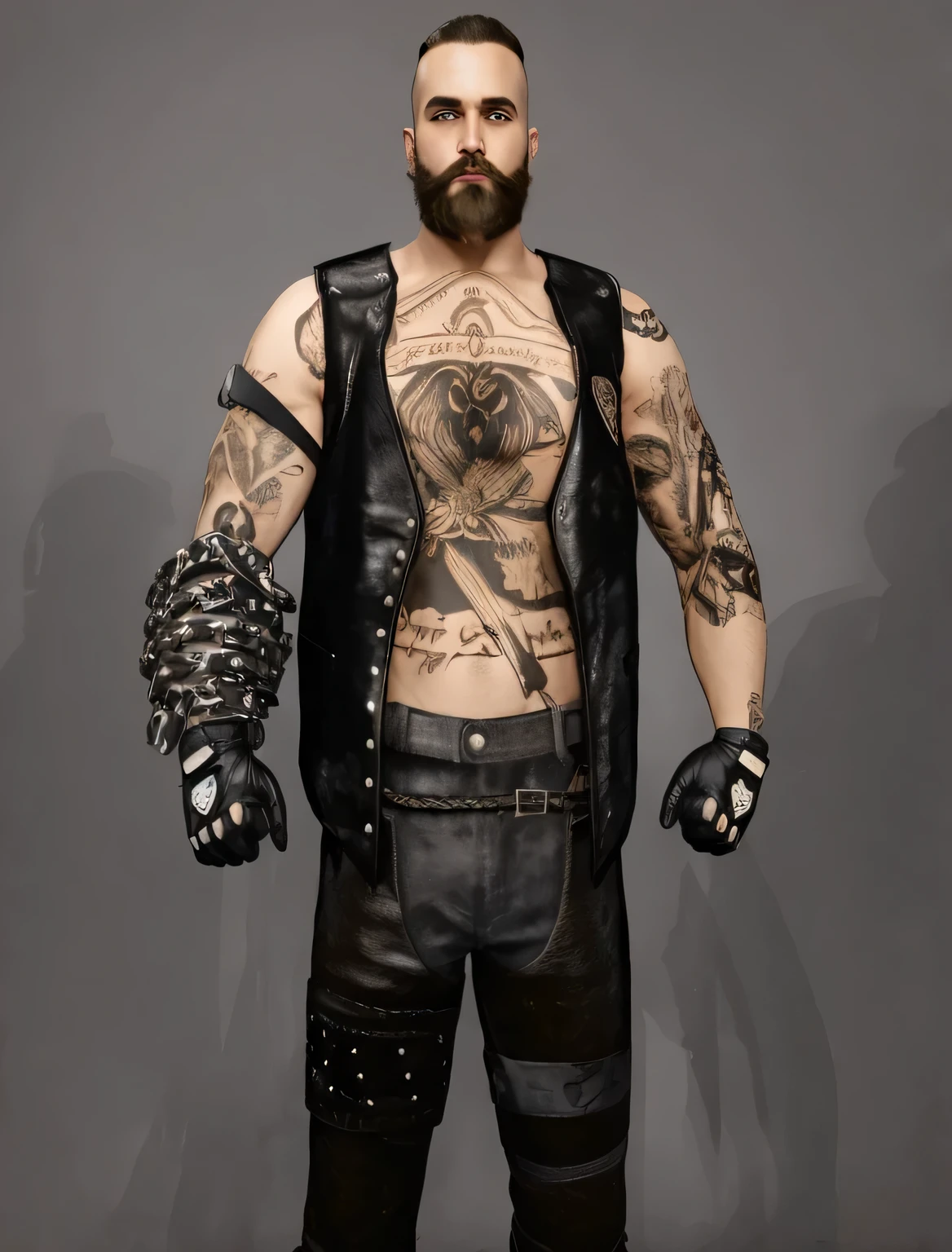 ((masterpiece, best quality)), white man with a brown beard and short hair, metal chain on right arm with leather gloves, detailed tattoos, beard and leather biker vest leather gloves and leather leg chappes, mechanic punk outfit, highly detailed character, male character, inspired by Volkan Baga,strong fighter in leathers, male with no shirt, manly monster tough guy, rugged male ranger, full character body, bald male swashbuckler, photo realistic, intricate details