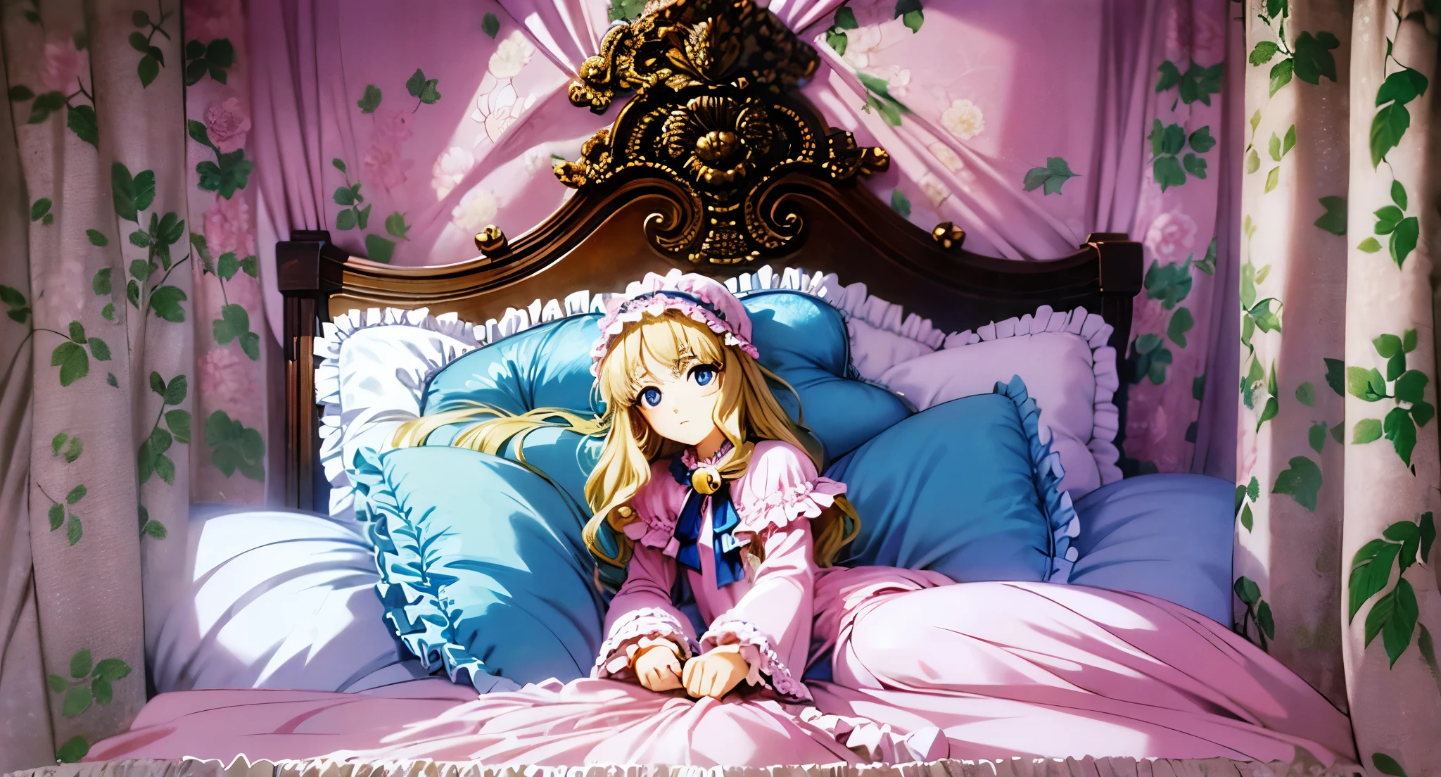 ,highest quality, masterpiece, highest resolution, artwork, super それにget used to it, many get used to it, get used to it, それにget used to it, 3K anime illustration,(( 10 year old girl)),Super detailed baby face,high quality small face,long blonde hair that grows to the waist,blue eyes,白い肌のeuropean,pajamas, european,(((super long blonde hair))),curly hair,blue eyes,((((ピンクのロリータファッションのlong skirtのワンピースドレス)))),((Pink dress with plenty of frills and ribbons)),((Luxurious headdress with frills and ribbons)),Detailed headdress,,(((big yoke collar))),Yoke collar with ruffles and ribbons,((((long sleeve)))),ruffle sleeves,((((long skirt)))),white ruffle and lace socks,large frill and ribbon pillow,(((fine pink costume))),豪華なcanopy bedの上,canopy bed,The bed is surrounded by luxurious curtains,many frilly pillows on the bed,A lot of frilly pillows behind the girl,super detailed background,detailed bed,soft pink comforter,Super detailed soft ruffle pillow,Beautiful girl illustration,detailed beautiful face,detailed hair,detailed eye ,detailed eyes,detailed mouth, arm details,fine hands,Detailed pillow,wide bed,Illustration on the bed, ,((((round futon)))),((((A large ruffled futon that covers the entire bed)))),detailed comforter,detailed bedシーツ,Before bedtime,romantic atmosphere,palace bedroom,((((The lower half of the body is hidden under the futon and the puffy skirt...)))) The girl is leaning on a pile of pillows, ,((((round futon)))),((((A large futon with frills that covers the entire bed)))),