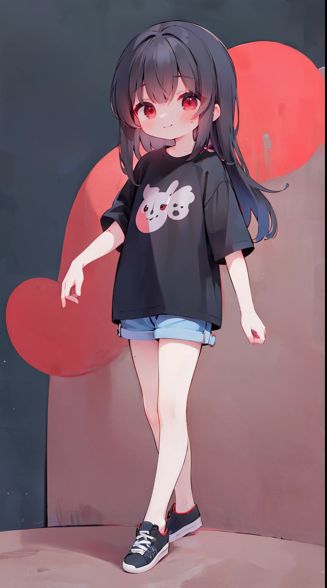 (Best Quality,4K,High resolution), girl with, dark red-black hair, Long straight hair，sharp eye，Red Eyes，Charming smile，Oversized T-shirt，Short pants，busy，Compact size，tchibi