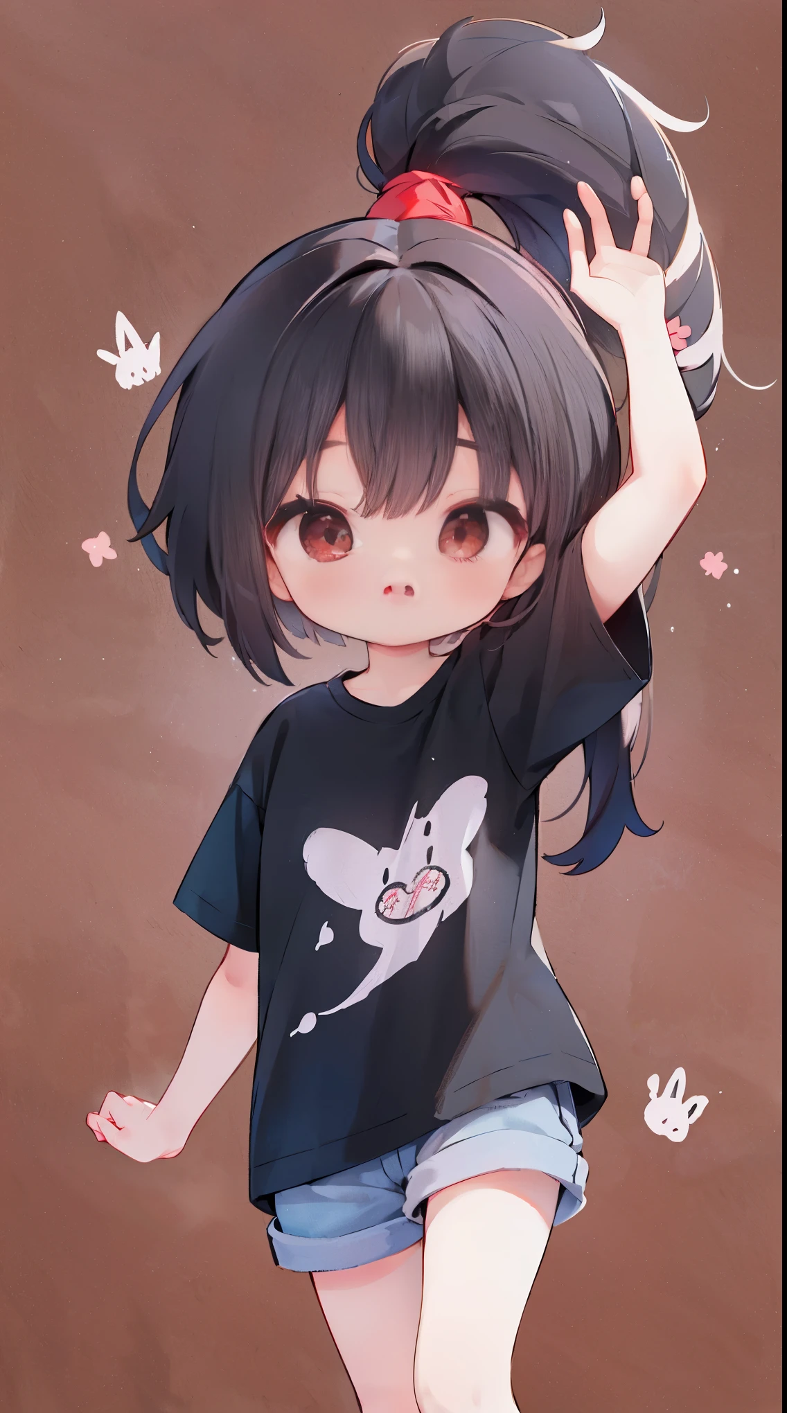 (Best Quality,4K,High resolution), girl with, dark red-black hair, Long straight hair,sharp eye,Red Eyes,Charming smile,Oversized T-shirt,Short pants,busy,Compact size,tchibi
