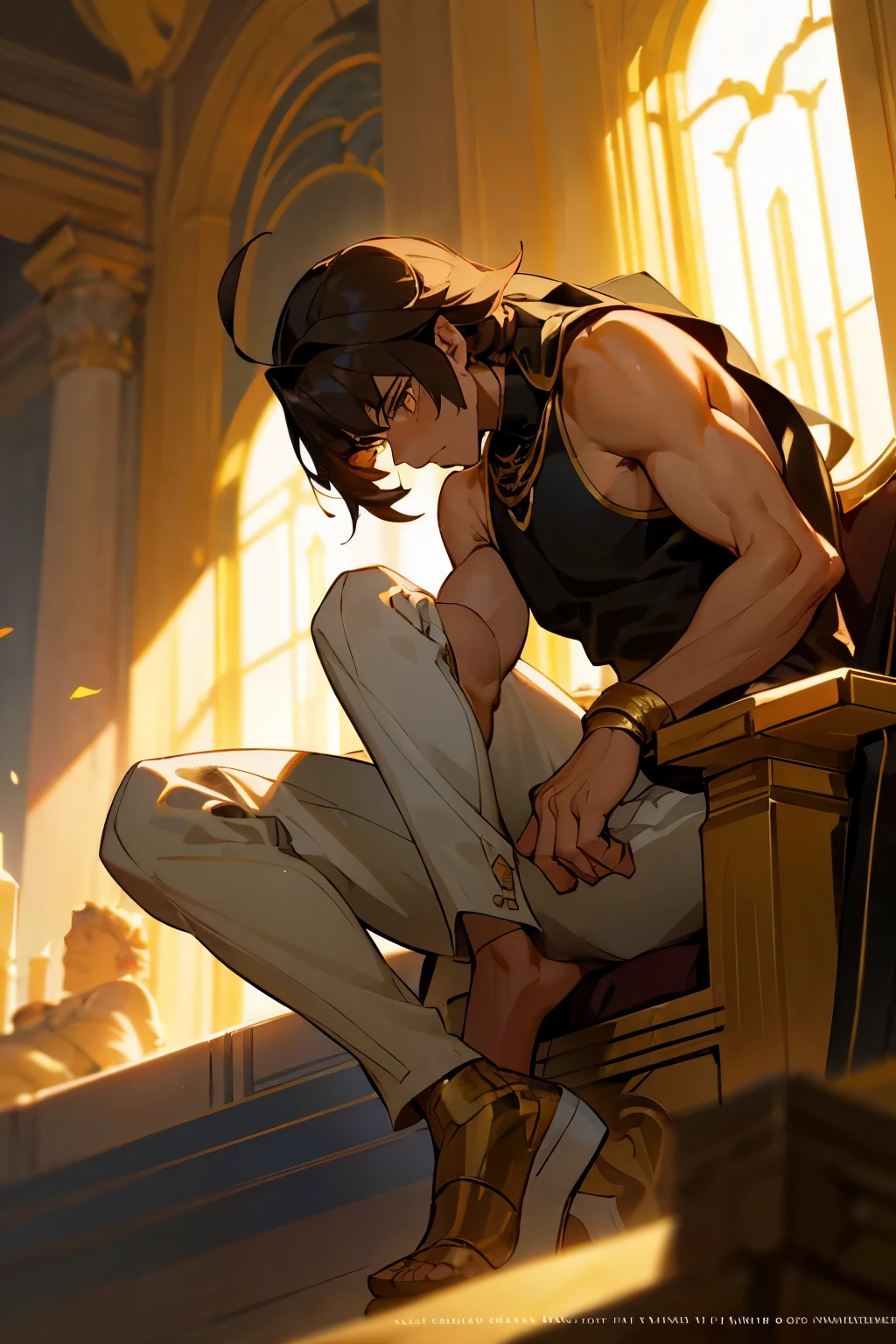 1 male, male character, handsome man, mature hot man, fate grand order, Create a landscape artwork featuring Ozymandias from Fate/Grand Order sitting on his throne, basking in the golden sunlight. Render him from a bottom to top perspective, looking down at you condescendingly, golden chain around his neck shaped like a long rope, side view, black mock neck tank top, The dynamic lighting should emphasize the warmth of the setting, the glow of the roayl egyptian palace. tan skin, dark brown hair with 3 point bangs, ahegao, hair is relatrively long for a man, yellow eyes