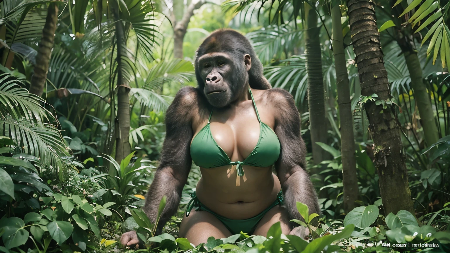 ((female 5 gorilla)), ((mega breasts)),((wearing green bikini)) //full body, (breast squeeze:1.3), (chubby:1.2), Photo realistic, High resolution, detailed background, detailed beautiful skin, detailed nose, (solo shot:1.23), (((nice hand, perfect hand))), clear eyes,//in the jungle,