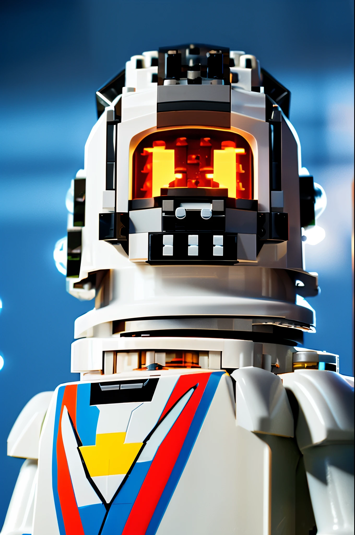 BJ_Lego bricks, astronout with helm, solo, standing, chibi, cute, robot, science_fiction, v-fin, cinematic lighting,strong contast,high level of detail,Best quality,masterpiece plain background, full shot