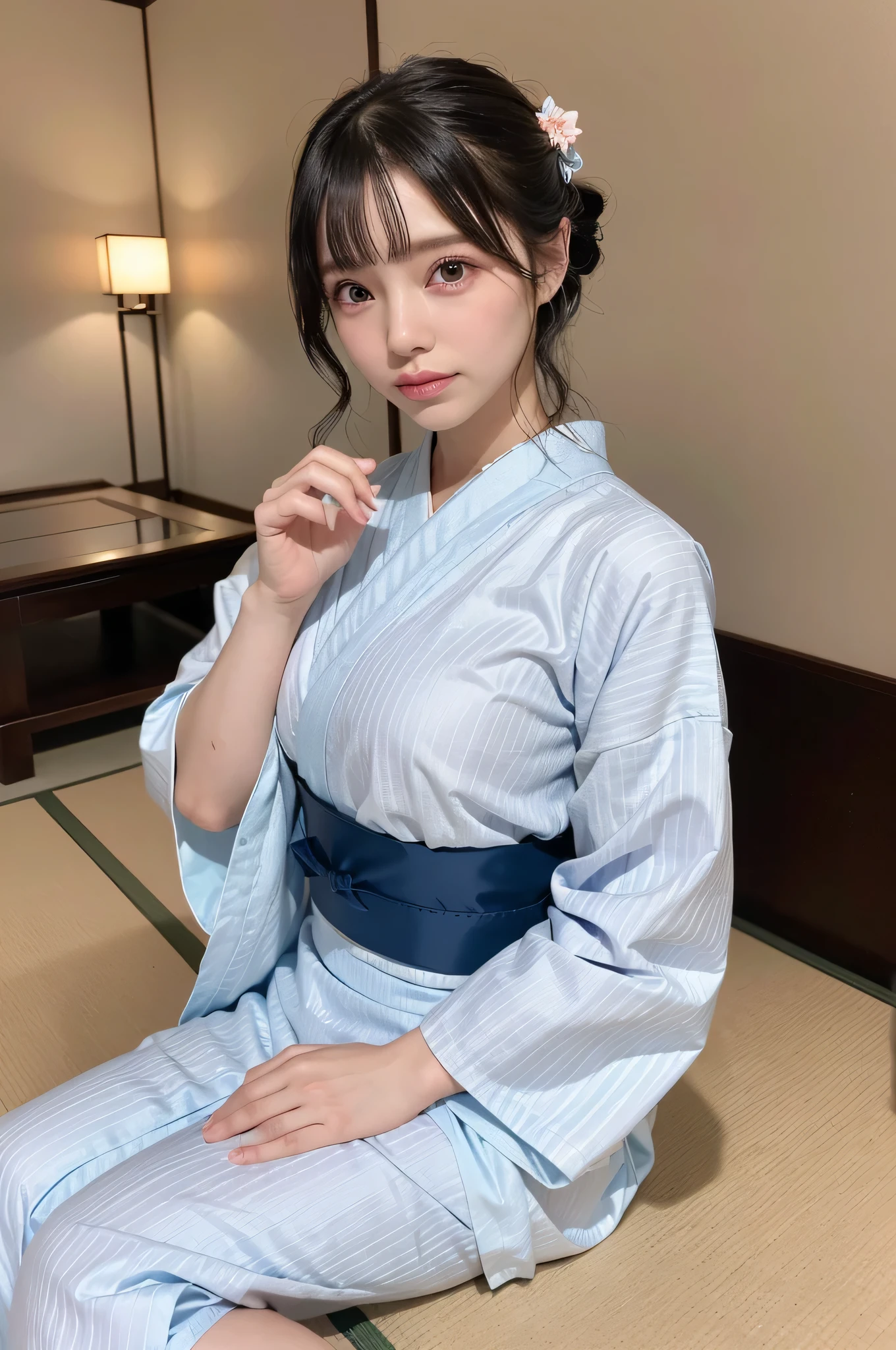 (night:1.7), east asian architecture, 1 female,sitting on the tatami, ブルネットcolorの髪，（eyeの間の毛）, lip flap, ,beautiful fingers,beautiful long legs,beautiful body，cute nose，beautiful character design，Flawlessエース、Flawless，looking at the viewer，（innocent_big_eye：1.0），（light_笑face：0.3），official art，Highly detailed CG Unity 8k wallpaper，perfect lighting，very colorful，bright_front_face_lit，（masterpiece:1.0),(Highest_quality:1.0), 超High resolution,4k,Super detailed, photo shoot, 8k, nffsw, High resolution, absurd:1.2, kodak portrait 400, film grain, background is blurry, Bokeh:1.2, lens flare glow, ( lively_color:1.2) (beautiful,big_chest:1.4), (beautiful_face:1.5),(narrow_Upper body),8k,RAW photo, 、Relax at a ryokan、背景は温泉旅館のnightの露天風呂 (girls are not subjects:1.3) (hair after bath:1.3),(my hair is wet:1.3) ((girls are not subjects:1.2))((ワイドなnightの背景を描く:1.2),((Yukata with light blue stripes isolated on white background:1.3)),(Yukata is not&#39;I don&#39;t need shine:1.5)),((No Korean yukata or Korean hairstyle required.:1.5)),((A faithful and realistic reproduction of a pure Japanese yukata:1.5))((Light pink band:1.3)),((The background is the entrance living room、nightに, 旅館の広くてbeautiful庭園を眺める..:1.3)),((Level 8))、((Light pink band:1.5)) ((beautiful shiny straight short long:1.5)) ************、((beautiful shiny straight short long:1.5))((pink band))、((バンドのcolorはピンクです:1.3),(Faithful and realistic reproduction of the yukata obi:1.3) ((A faithful and realistic reproduction of a pure Japanese yukata:1.5)),((nightの旅館の廊下を歩く:1.3))sense of depth、night hostel　There are small lights and flowers in the hallway. (when the window opens, 外ではbeautiful夕日が見えます.:1.3) ************、((beautiful shiny straight short long:1.5))