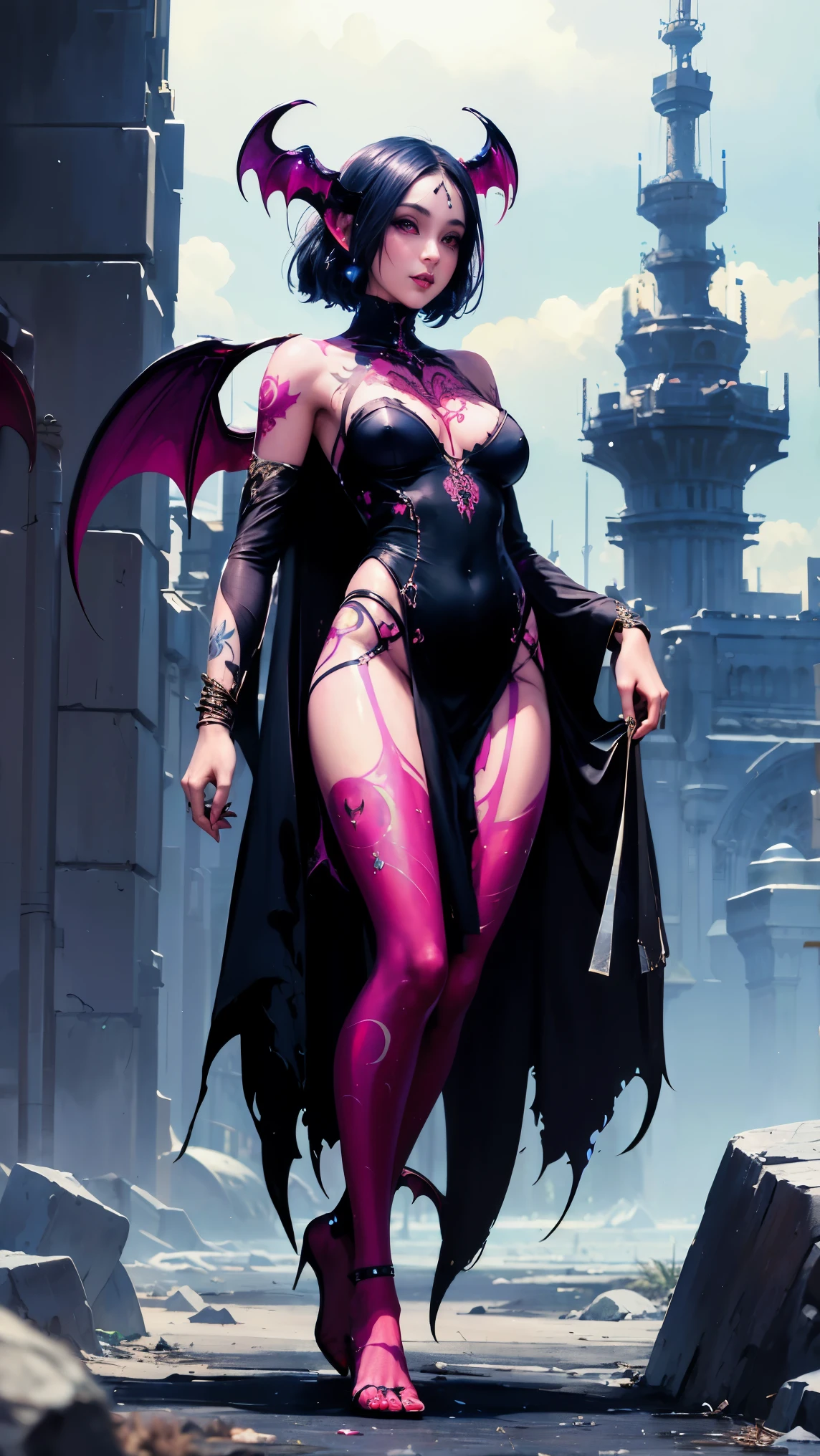 (Masterpiece, Top Quality, Top Quality, Official Art, Beautiful and Aesthetic: 2), (beautiful tattoo:2),(Photorealistic: 1.3), Sharp Focus, (Wearing Detailed Body Jewelry, one women, Beautiful Sexy, ((Succubus:2))), (dynamic pose), (change pose), (dynamic angle), beautiful face, detailed face, perfect proportions, (small breasts:1.6), navel, crotch gap, thighs, cowboy Shot, Highly Detailed, (Fractal Art: 1.5), Colorful, Best Detailed, (Sexy Armor), ((Movie Lighting)),cool beauty,(tall woman:1.9),short hair,Precisely expresses details such as face and skin texture,beautiful eye,double eyelid,delicate skin,slender body shape,