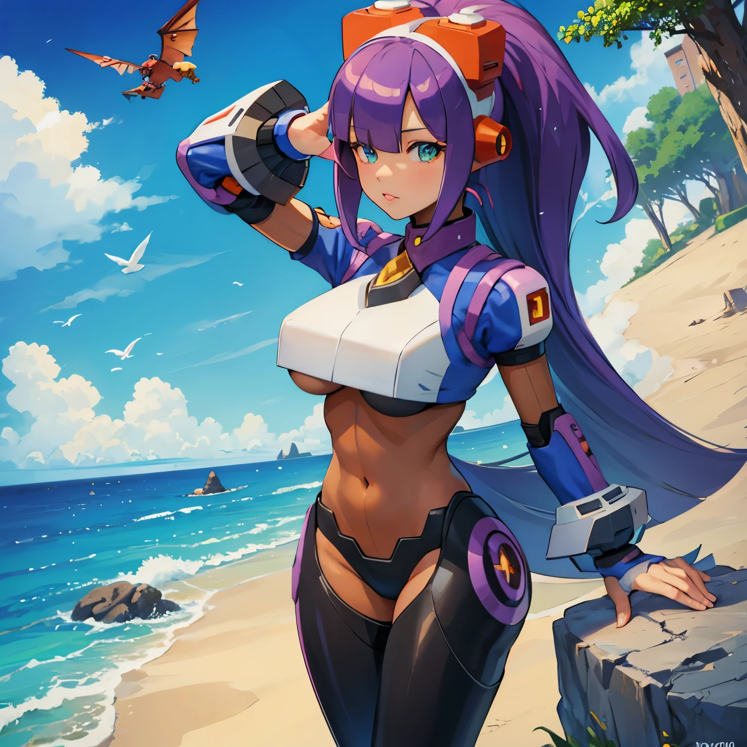 layer_megamanx, 1girl, solo, long hair, purple hair, blunt bangs, hair over eyes, large breasts, dark skin, dark-skinned female, android, underboob, robot ears, overlooking the ocean on the edge of a rock, in the style of avian-themed, realistic yet stylized, villagecore, azure, orange and azure, dragoncore, aerial view