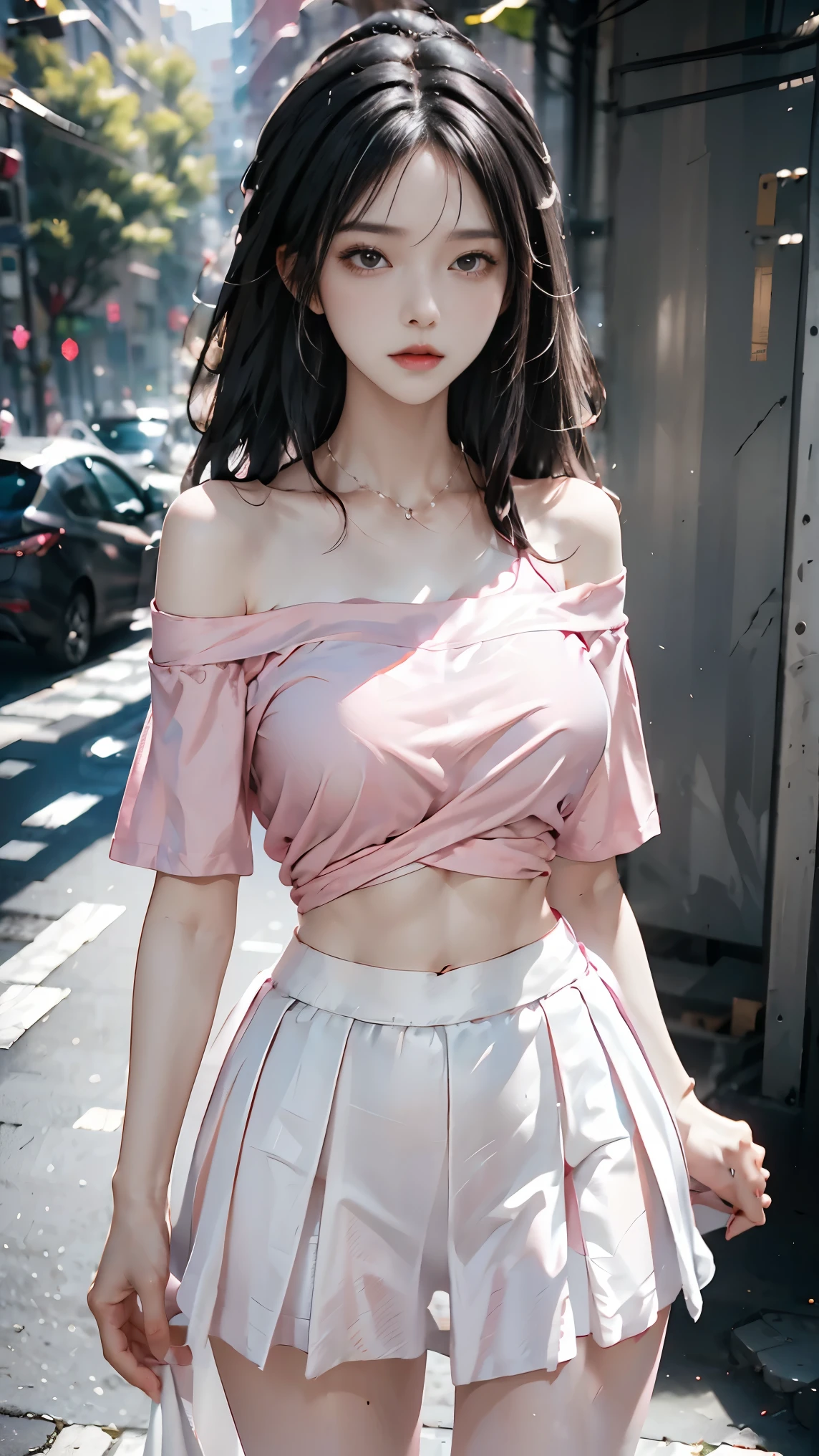 Girl posing for photo in Japanese school uniform, rainy street, wet skin, air bangs, running, large, clear eyes, slightly curly shoulder-length hair, cute, upper body, abdomen, pink white, streamers, pink kimono, suspender stockings, slave neck ring, slim figure, oversized bust, slim girl model, 18 year old female model,
