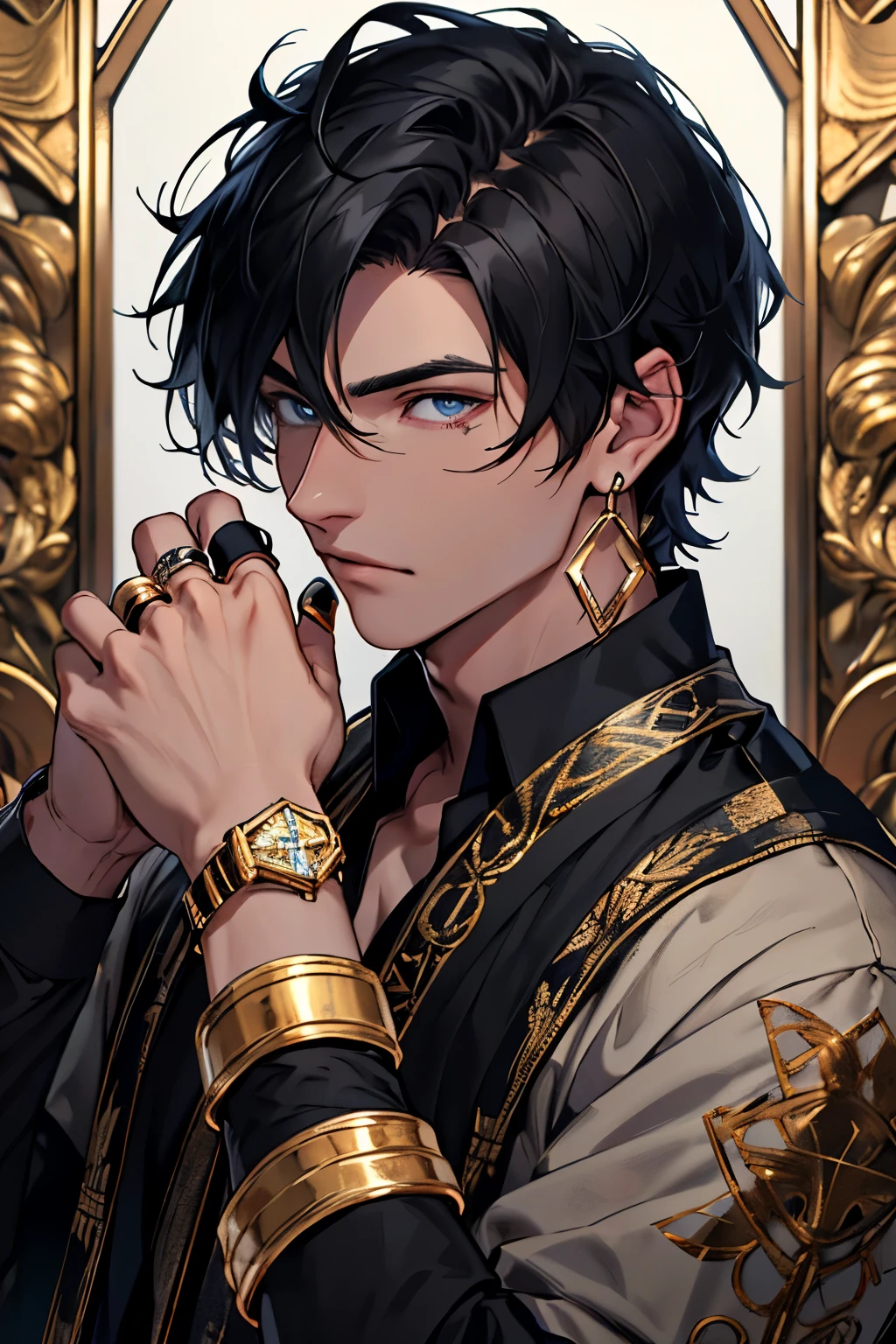 male,individual,black hair,The left eye is black,The right eye is red gold,There is a tear nevus under the left corner of the eye,Wearing obsidian earrings on the left ear,There is a totem mark on the right wrist,Wearing a ring on the left ring finger,high quality,high detail,Exquisite facial features,whole body