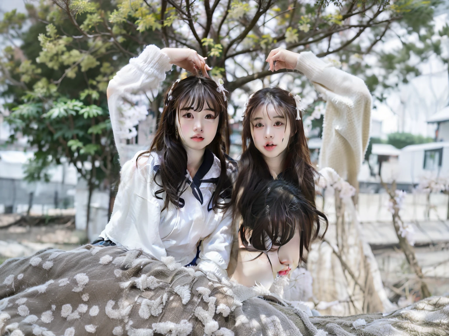 two women posing for photo in front of a tree, ruan jia and fenghua zhong, zmenzheng, Profile picture 1024px, photo拍攝於 2 0 2 0, li zixin, Very very low quality picture, photo, Very very low quality, Ruan Jia and Brom, two girls, xision wu, sisters