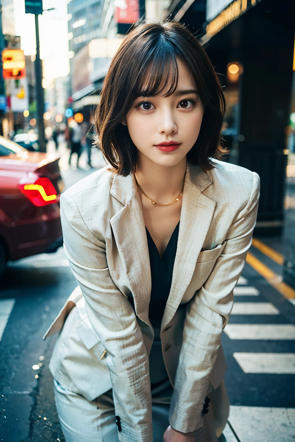 beautiful detailed girl, highly detailed eyes and face, detailed and beautiful eyes,alone, short_hair, office_lady, standing position, suit, high heels, (8k, RAW photo, highest quality, masterpiece: 1.2), (realistic, photorealistic: 1.37), professional lighting, radio city, Physically based rendering, blurred background, Look at the whole body, beautiful feet,