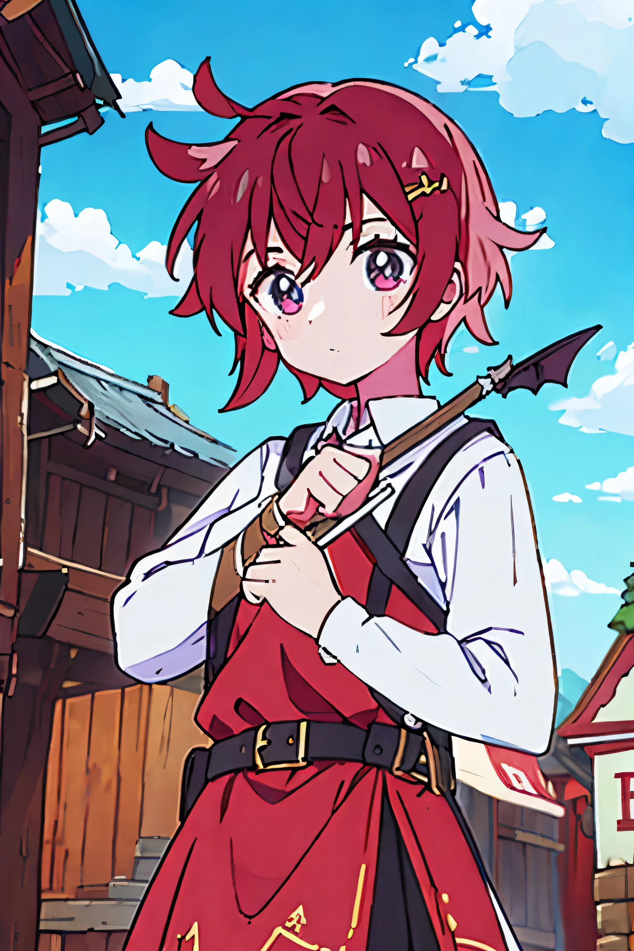 medieval town,red short hair,girl,J-shaped hairpin。suspender skirt。Clothes are decorated with letters &Quote;one&Quote;。