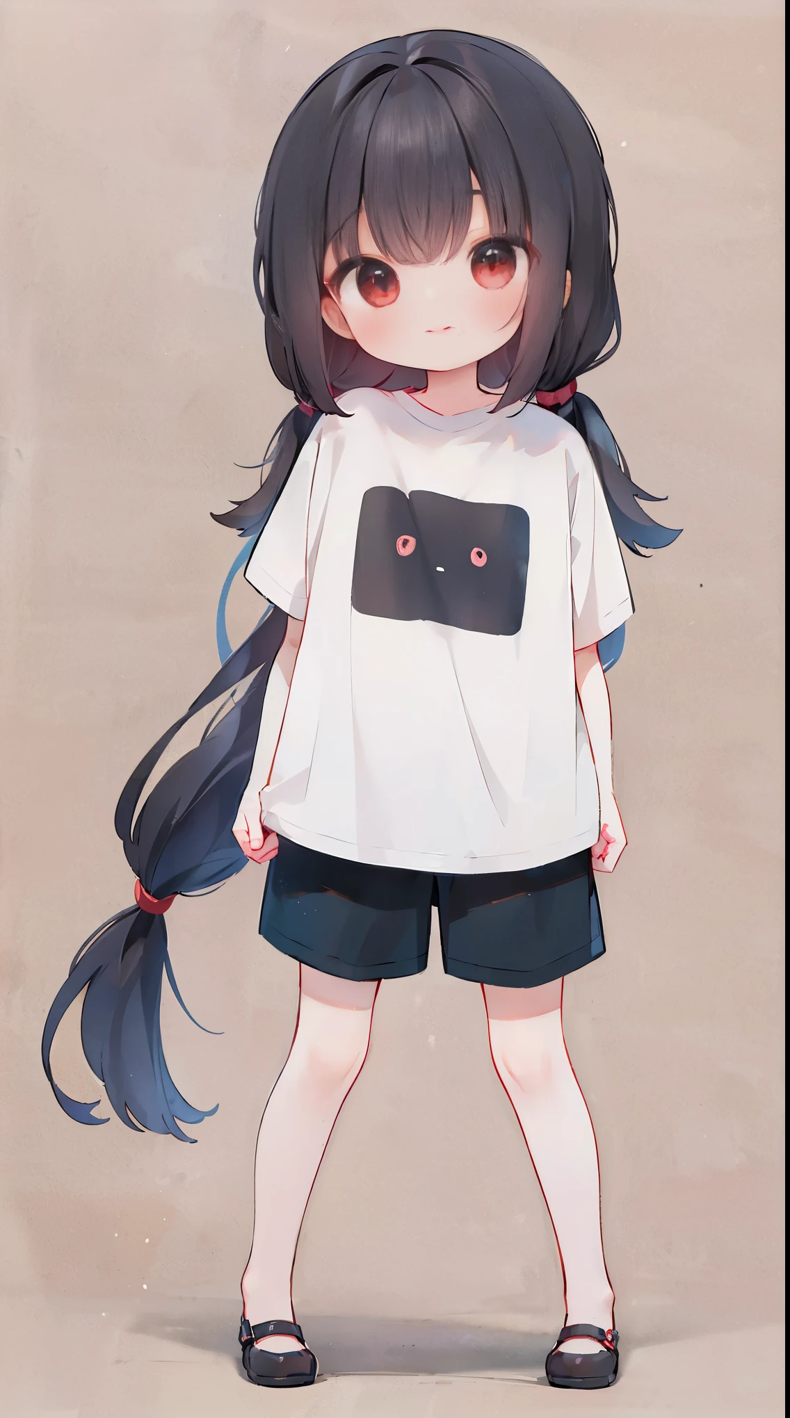 (Best Quality,4K,High resolution), girl with, dark red-black hair, Long straight hair,sharp eye,Red Eyes,Charming smile,Oversized T-shirt,Short pants,busy,Compact size,tchibi