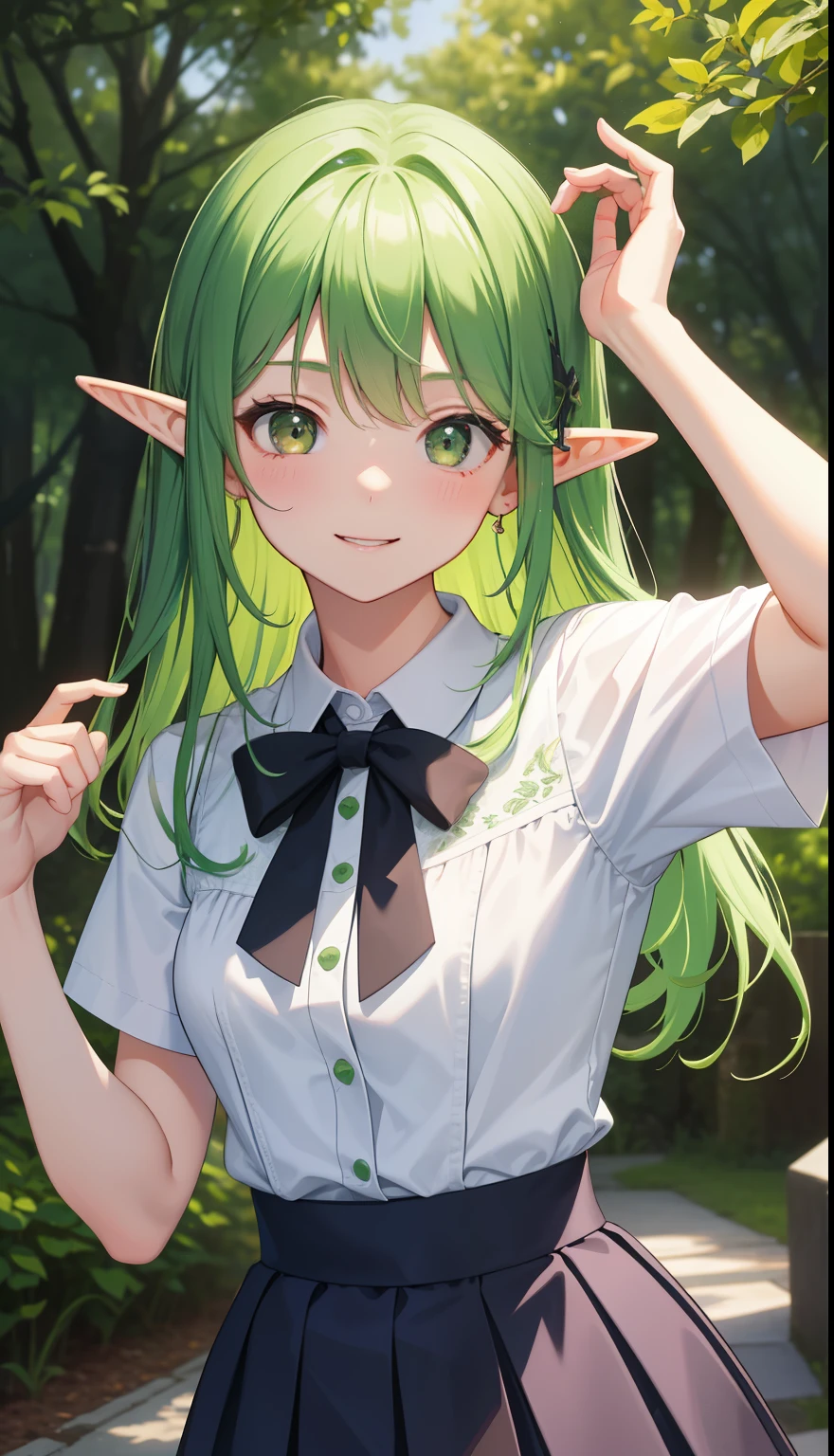 1 girl、as adult、girl、cute、shirt、skirt、cute下着、(small breasts)(small breasts)、(upper body portrait)、、green hair、elf、、skirt、jump、smile、