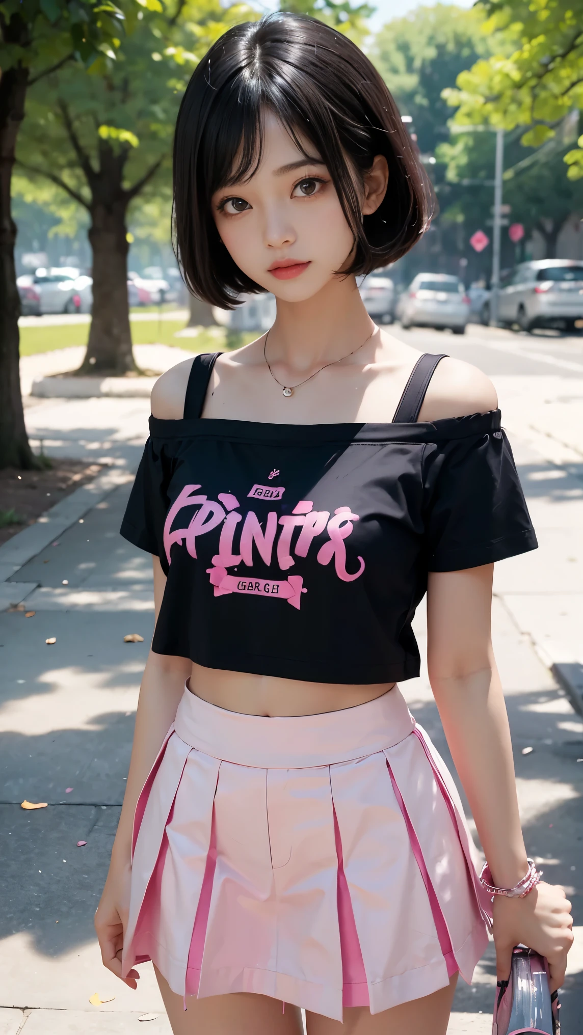 1girl, look at viewer, standing, in park, black hair, hair bang, in the style of pink e and light off shoulder t-shirts with text printed, abs stomach, skirt, dreamy and romantic compositions, white, playful arrangements, fantasy, high contrast, ink strokes, over exposure, pink and white tone impression, attractive pose,