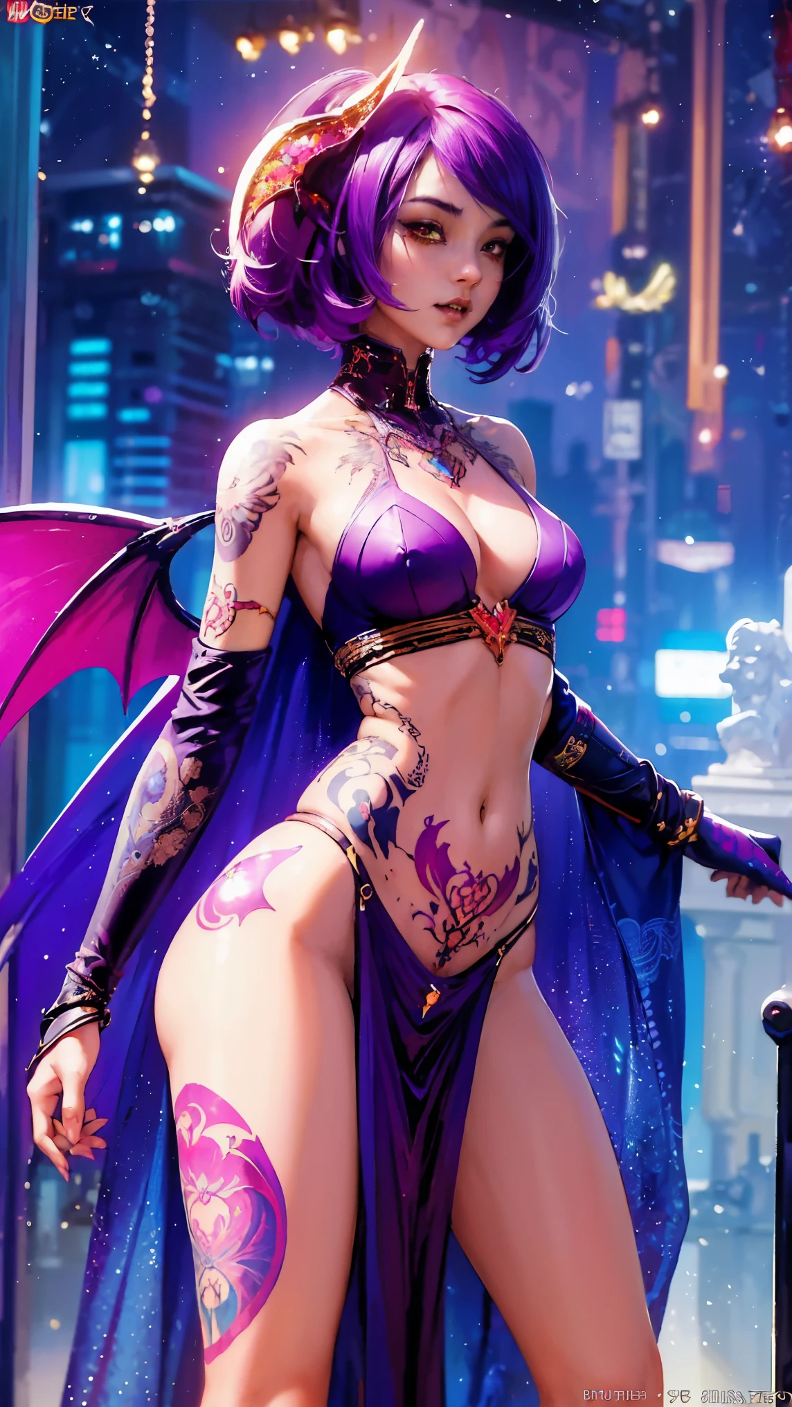 (Masterpiece, Top Quality, Top Quality, Official Art, Beautiful and Aesthetic: 2), (beautiful tattoo:2),(Photorealistic: 1.4), Sharp Focus, (Wearing Detailed Body Jewelry, one women, Beautiful Sexy, ((Succubus:2))), (dynamic pose), (change pose), (dynamic angle), beautiful face, detailed face, perfect proportions, (small breasts:1.7), navel, crotch gap, thighs, cowboy Shot, Highly Detailed, (Fractal Art: 1.5), Colorful, Best Detailed, (Sexy Armor), ((Movie Lighting)),cool beauty,(tall woman:1.9),short hair,Precisely expresses details such as face and skin texture,beautiful eye,double eyelid,delicate skin,slender body shape,