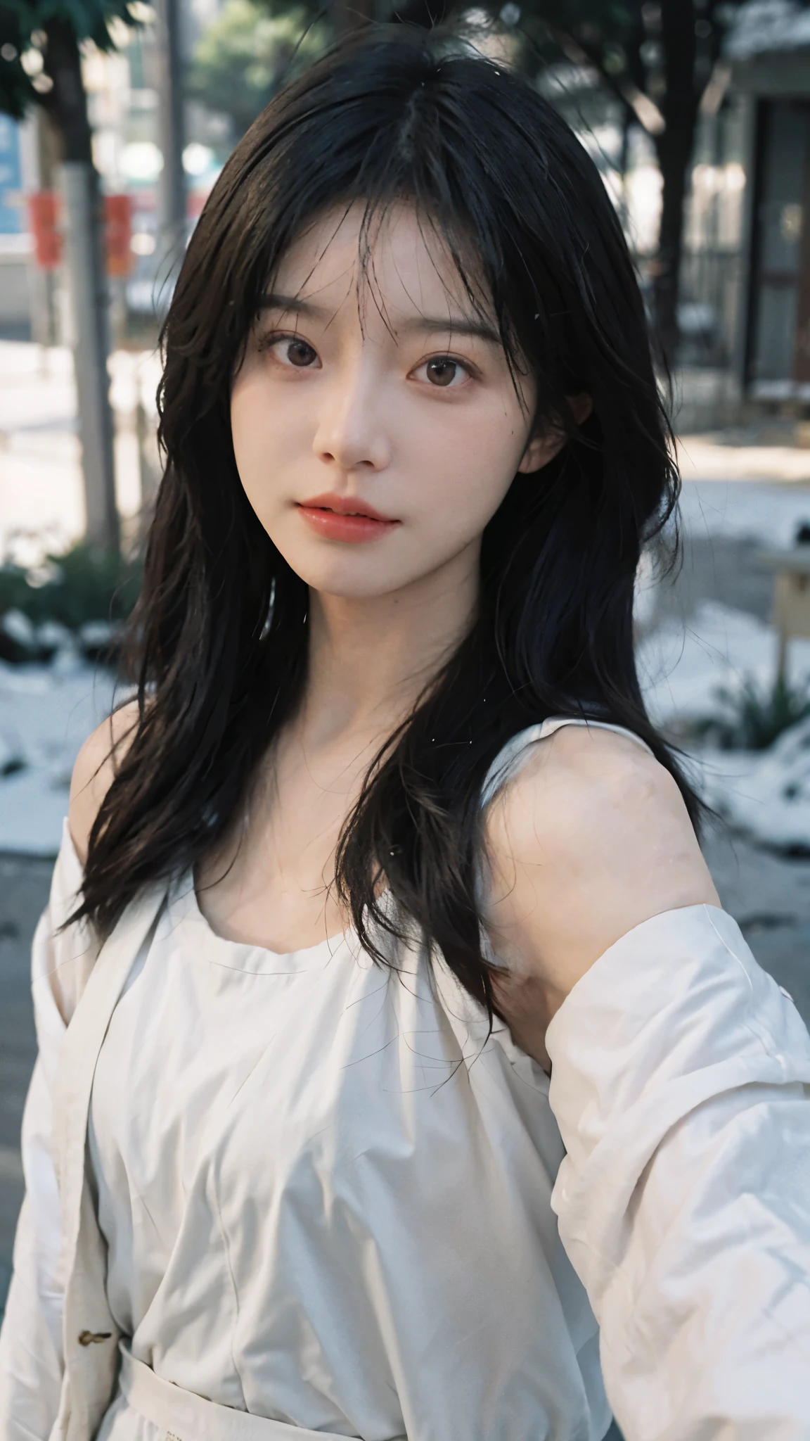 Film portrait photography, 2 girls, 2 girls,background:sun,sunny,twin,bare shoulders, Shoulder length wavy hair, Snow white down jacket,(Realistic and detailed eyes, natural skin texture, Realistic facial details),, depth of field, Bokeh, Vibrant details, Detailed and detailed, Surrealism, 35mm film, hazy, ,Selfie,