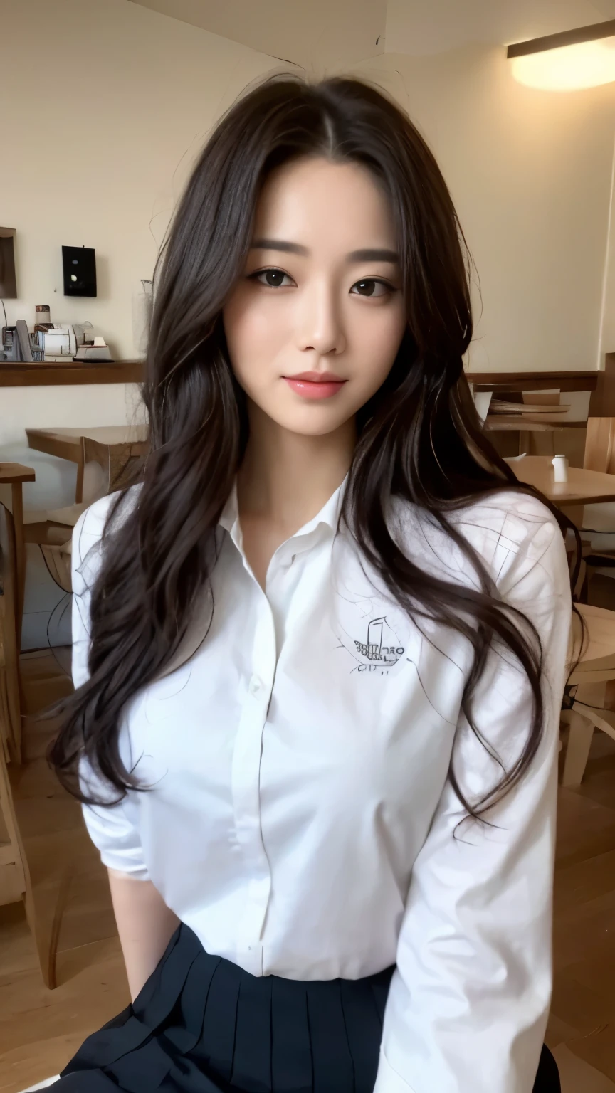 ((top-quality、8k、masterpiece:1.3))、Beautiful woman with perfect body:1.4、slim abdomen:1.2、Longhair, normal breast, Highly detailed facial and skin texture, A detailed eye, delicate eyes, double eyelid, (smile), (full body shot), ((cafe 1.1)), (sitting on chair), (((wearing white uniform)), looking in front