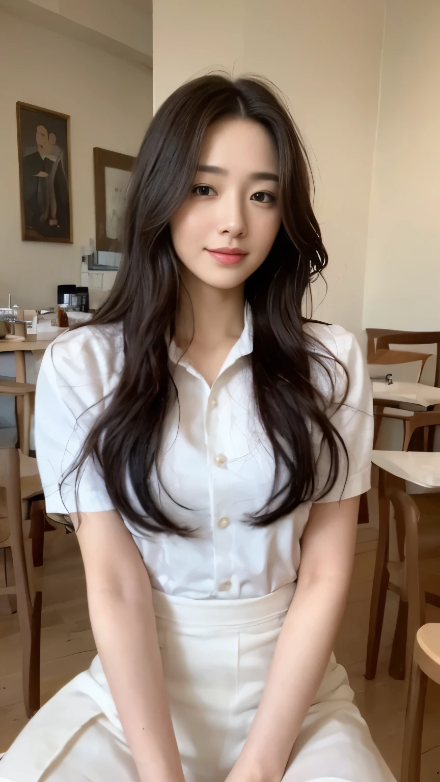 ((top-quality、8k、masterpiece:1.3))、Beautiful woman with perfect body:1.4、slim abdomen:1.2、Longhair, normal breast, Highly detailed facial and skin texture, A detailed eye, delicate eyes, double eyelid, (smile), (full body shot), ((cafe 1.1)), (sitting on chair), (((wearing white uniform)), looking in front
