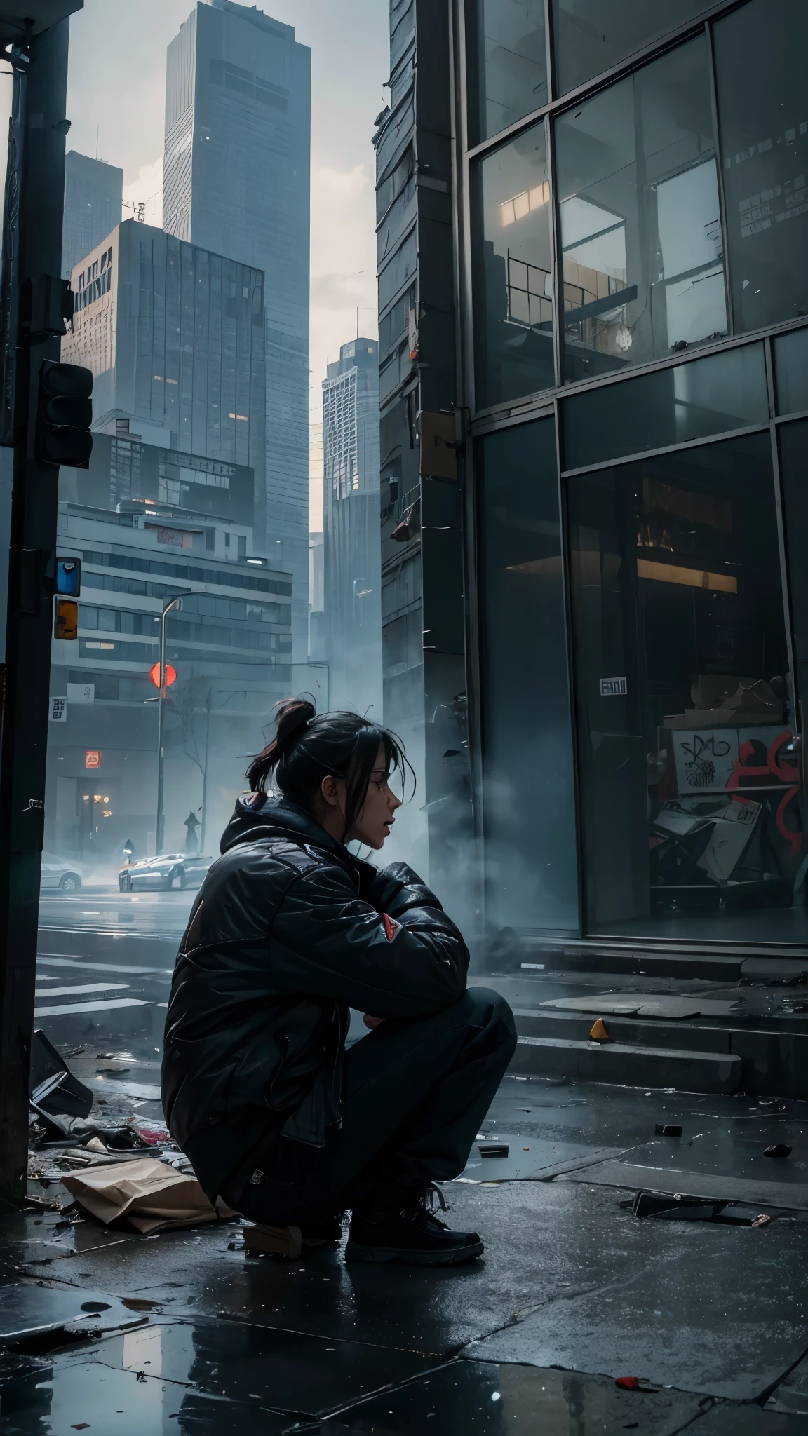 (homeless person),(office building),(ground view),(urban),(gritty),(street life),(gloomy atmosphere),(concrete jungle),(reflection in windows),(loneliness),(cityscape),(busy pedestrians),(broken glass),(abandoned),(neglected),(poverty),(hopelessness),(graffiti),(unequal society),(harsh reality),(bright lights),(contrasts),(contrast between wealth and poverty),(harmony in discord),(social issues),(symbol of struggle),(resilience),(society's indifference),(overlooked),(humanity),(gentle soul)。
