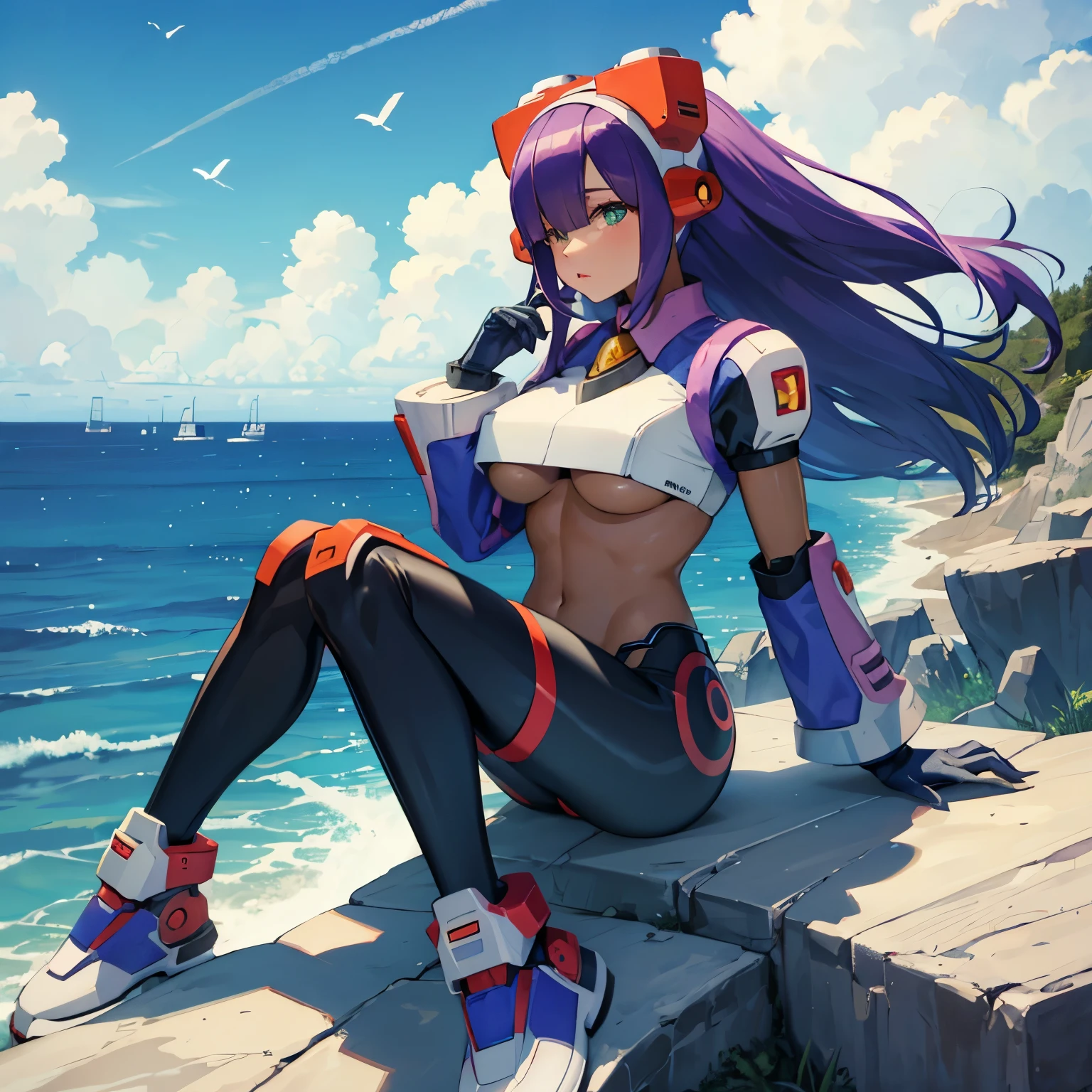 layer_megamanx, 1girl, solo, long hair, purple hair, blunt bangs, hair over eyes, large breasts, dark skin, dark-skinned female, android, underboob, robot ears, overlooking the ocean on the edge of a rock, in the style of avian-themed, realistic yet stylized, villagecore, azure, orange and azure, dragoncore, aerial view