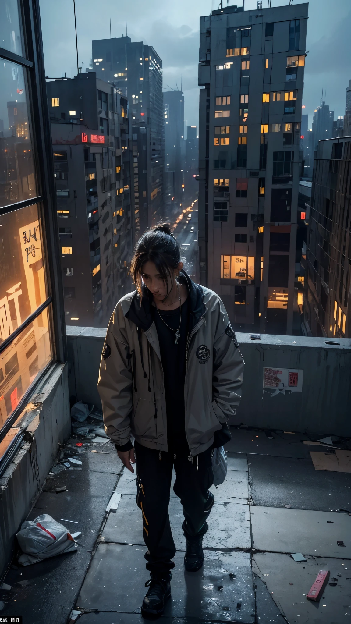 (homeless person),(office building),(bird's-eye view),(urban),(gritty),(street life),(gloomy atmosphere),(concrete jungle),(reflection in windows),(loneliness),(cityscape),(busy pedestrians),(broken glass),(abandoned),(neglected),(poverty),(hopelessness),(graffiti),(unequal society),(harsh reality),(bright lights),(contrasts),(contrast between wealth and poverty),(harmony in discord),(social issues),(symbol of struggle),(resilience),(society's indifference),(overlooked),(humanity),(gentle soul)。