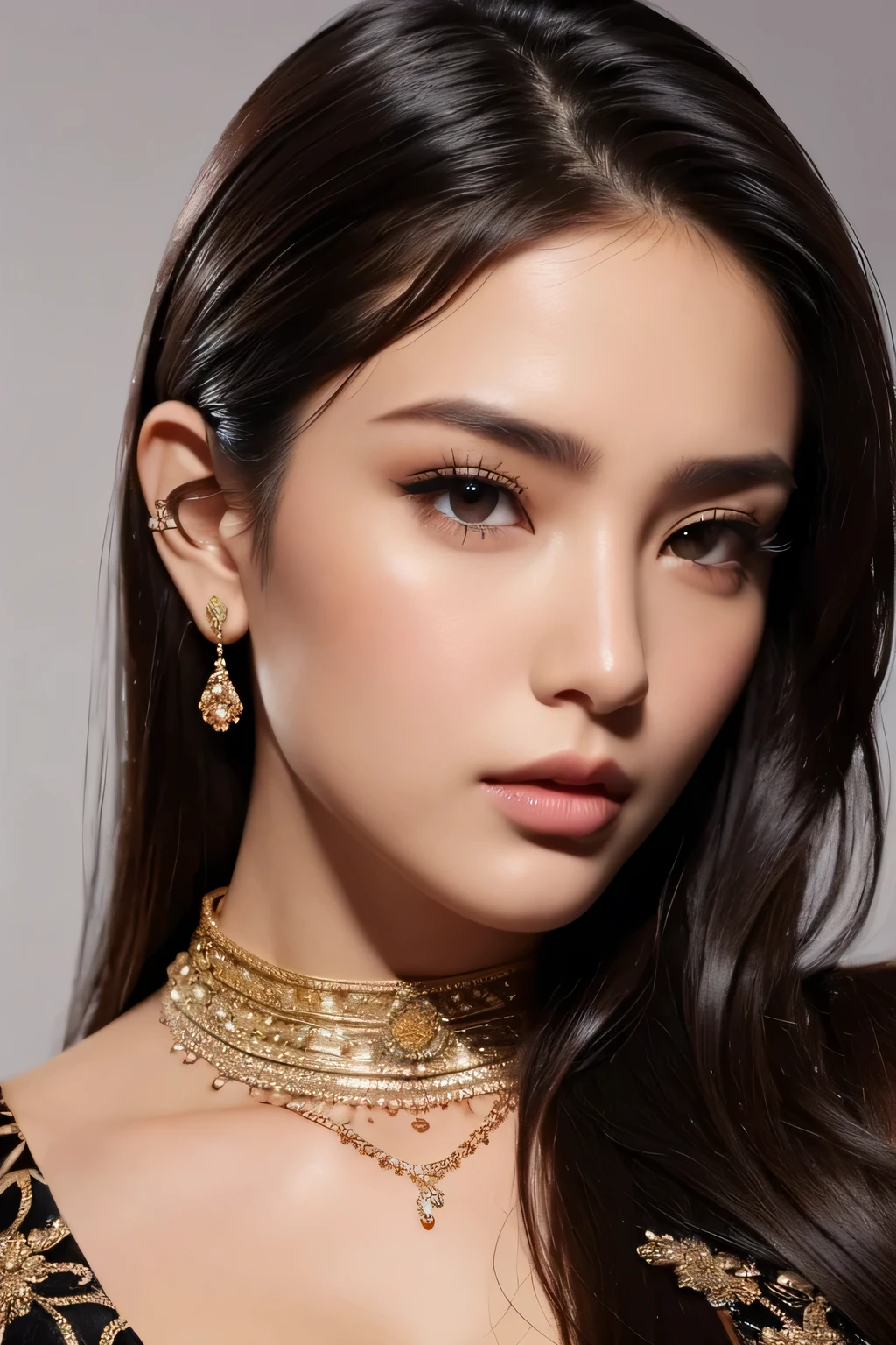 Arafe woman wearing sari and necklace, composite set, Bejeweled, wearing complicated clothes, intricate jewelry, with intricate details, intricate costumes, wearing elegant jewelry, intricate details. from the front, black gem, detailed jewelry, high intricate details, hand jewelry model pictures, close portrait, complex beauty, intricate jewelry, side view intricate details, masterpiece, 最high quality, high quality, High resolution, beautiful face、(realistic face)、realistic eyes、美しいfine eyes、realistic skin、beautiful skin、surreal、very detailed、beautiful lighting、sharp focus、various poses、超detailed face、fine eyes、more hair、brown hair、long hair、beautiful hairstyle、detailed face、chest exposure、cleavage、(big breasts)、((close up of face))、incredibly stupid, ridiculous, black theme、