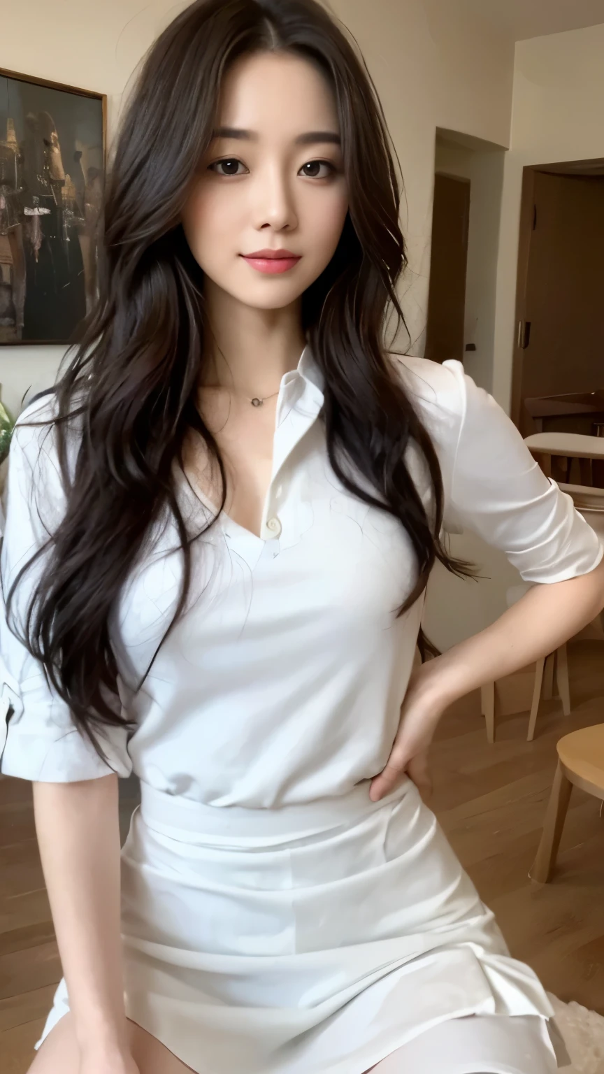 ((top-quality、8k、masterpiece:1.3))、Beautiful woman with perfect body:1.4、slim abdomen:1.2、Longhair, normal breast, Highly detailed facial and skin texture, A detailed eye, delicate eyes, double eyelid, (smile), (full body shot), ((cafe 1.1)), (sitting on chair), (((wearing white uniform)), looking in front
