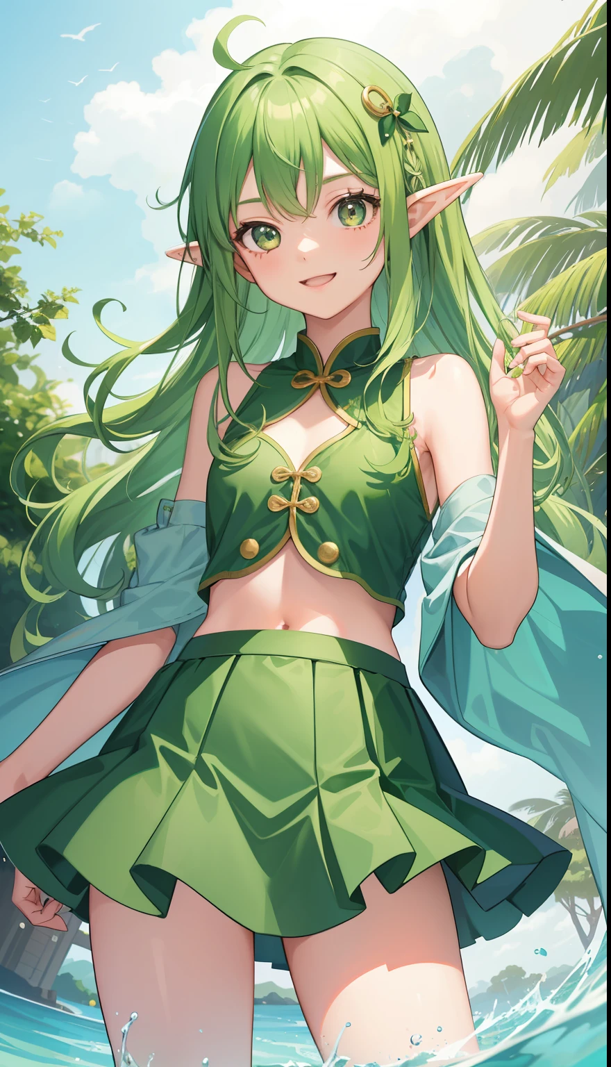 1 girl、as adult、girl、cute、one piece、cute下着、(small breasts)(small breasts)、(upper body portrait)、、green hair、elf、、skirt、jump、smile、
