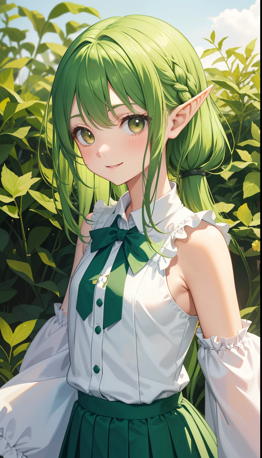 1 girl、as adult、girl、cute underwear、In underwear、(small breasts)(small breasts)、(upper body portrait)、、green hair、elf、、skirt、jump、