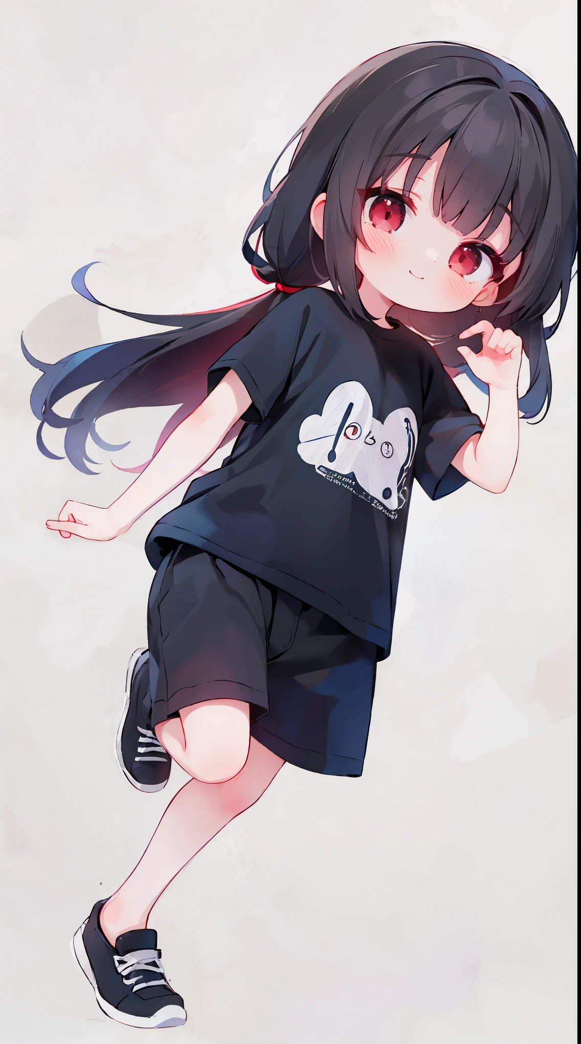 (Best Quality,4K,High resolution), girl with, dark red-black hair, Long straight hair,sharp eye,Red Eyes,Charming smile,Oversized T-shirt,Short pants,busy,Compact size,tchibi