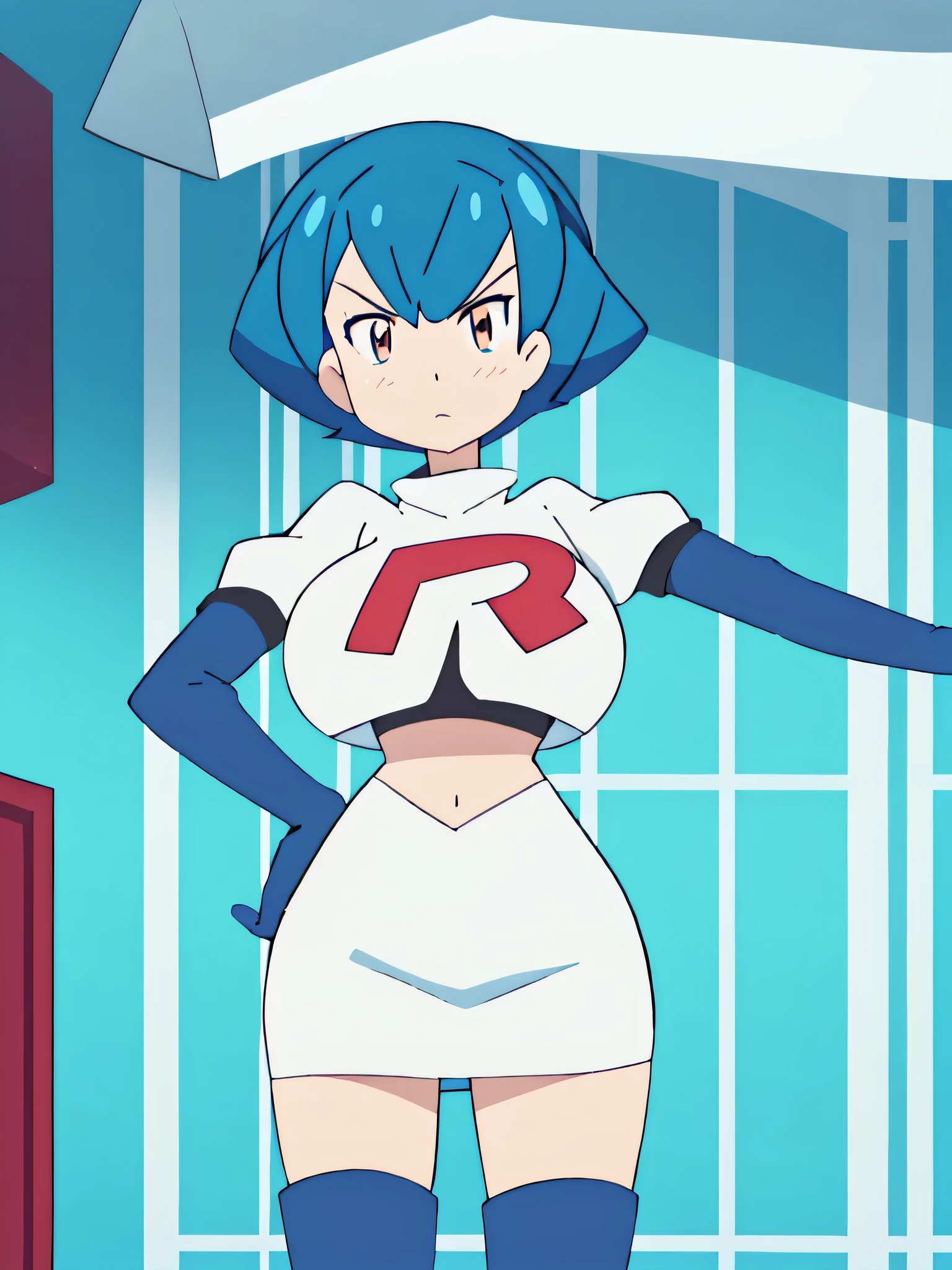 8k, anime screencap,1girl in, (solo:1.1), (perfect body:1.1), (best quality:1.1), very large breast, team rocket uniform, red letter r, white skirt,white crop top,black thigh-high boots, black elbow gloves, glaring angrily, looking down at viewer, hands on hips,zettai ryouiki,cowboy shot
