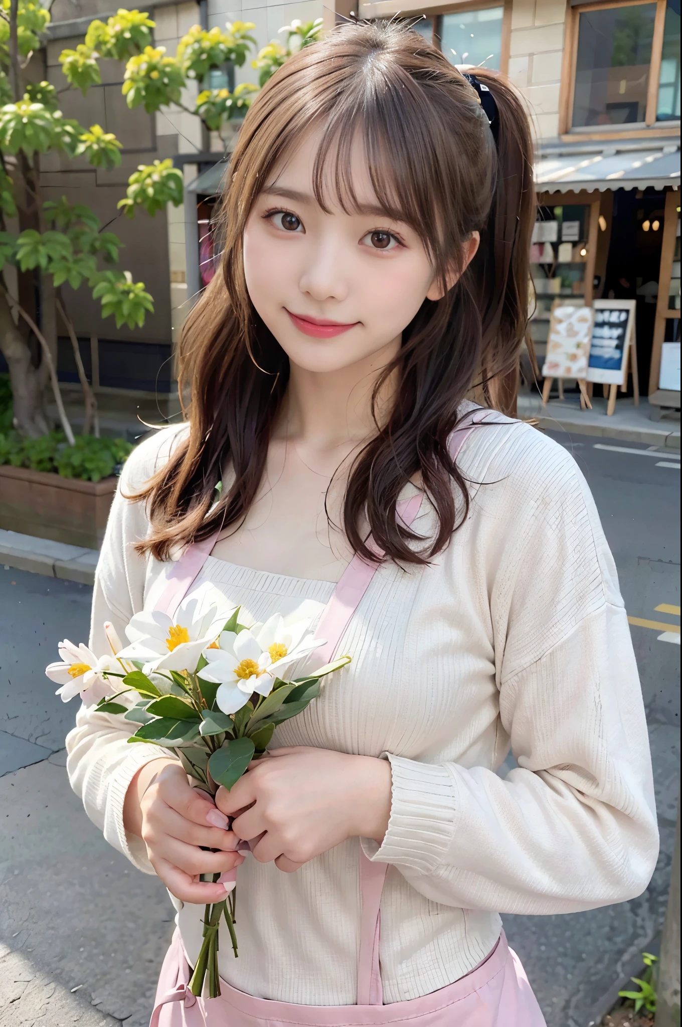 ((masterpiece,best quality 1.4)), (8k,RAW photo:1.2), (realistic,photo realistic:1.4), ultra high resolution , (Highly detailed 8k wallpaper) ,japanese idol, Japanese actress, Japanese, very cute, Big eyes, highly detailed eyes and face, Beautiful eyes in every detail,shiny skin,portrait,(ponytail :1.2),(smile:1.3) ,(Holding a bouquet of flowers:1.2),lighting, sharp focus, Depth of written boundary , (dynamic angle:1.4 ). blur background, Bokeh, (pink Sweater and apron:1.2) ,A small flower shop bathed in spring sunlight, with colorful flowers lined up. In front of the shop, there are vivid bouquets and hanging succulents on display. The background extends to a cobblestone road and an old-fashioned townscape