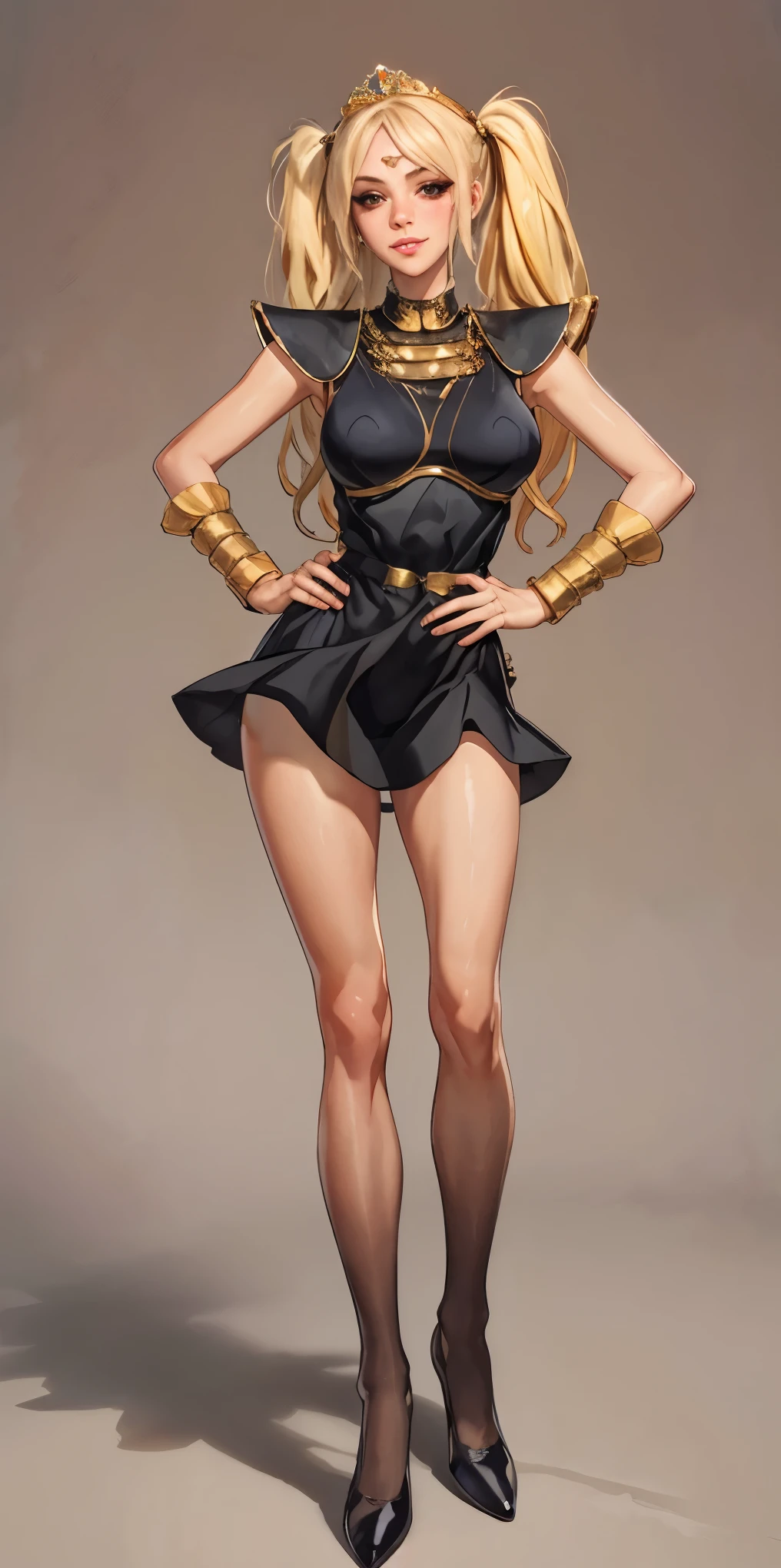 full body standing straight symmetrical, huge cowboy shot, solo 1MILF, lustful smirking smile face, looking at viewer, hands on hips, twintails, twin drills, dress, striped pantyhose, metal handcuffs on their hands with a black maetal slave collar around her neck, cowbell attached to the choker, sleeveless, black stockings, golden tiara
