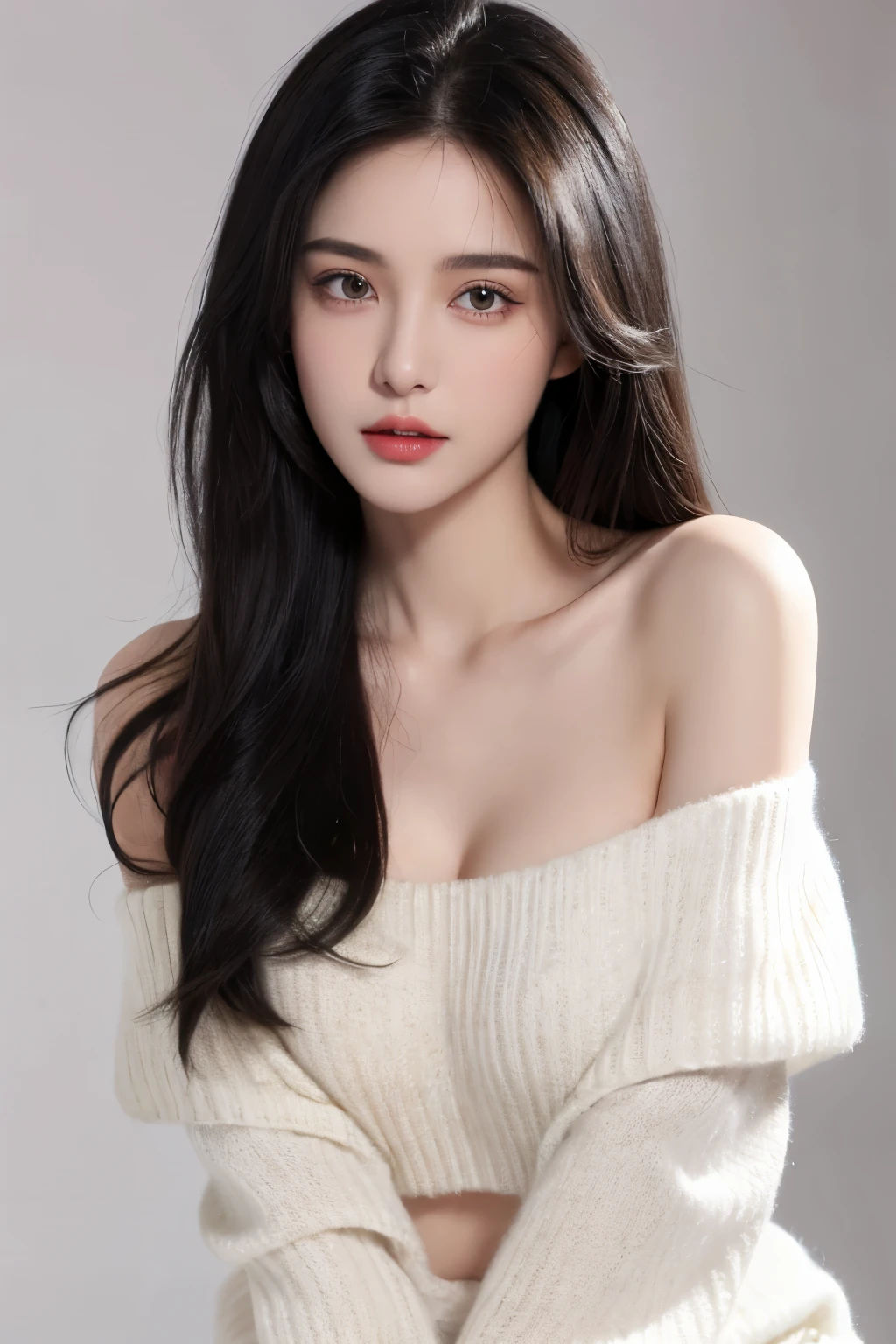 （lifelike,high resolution：1.3）， A slim girl， The face shape and eyes are super delicate,black hair,red glossy lips,(beautiful face), (best quality), (Super detailed), (Extremely detailed CG unified 8k wallpaper),((Tight off-shoulder sweater)),(White background),(cleavage),(Model photo),sexy look,big eyes,(standing),(air bangs),(Slim waistline)，Eyes look at the audience,Teardrop-shaped breasts,soft breasts,very realistic breasts,Character centered,black hair